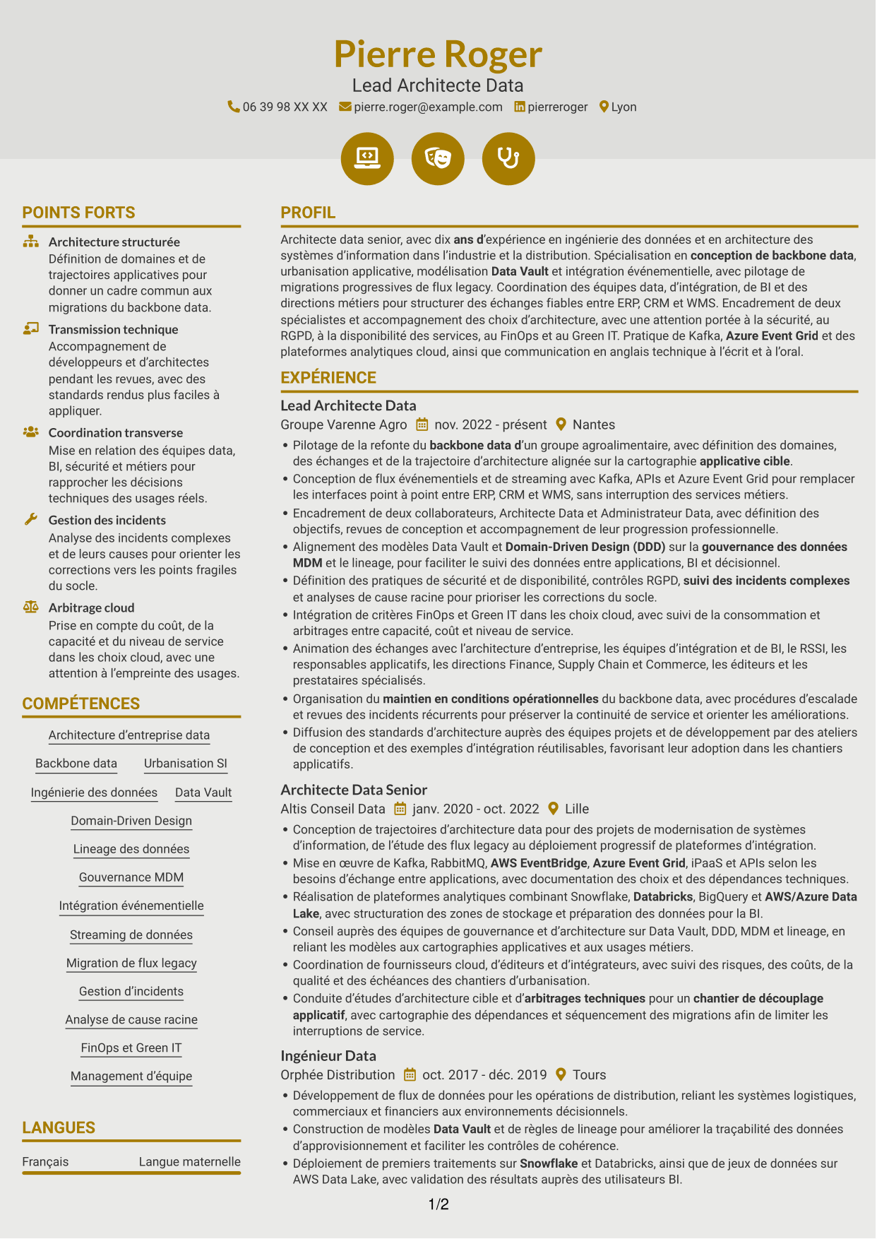 CV Dynamique (format à deux colonnes avec icônes) : Lead Architecte Data - Backbone Data, page 1