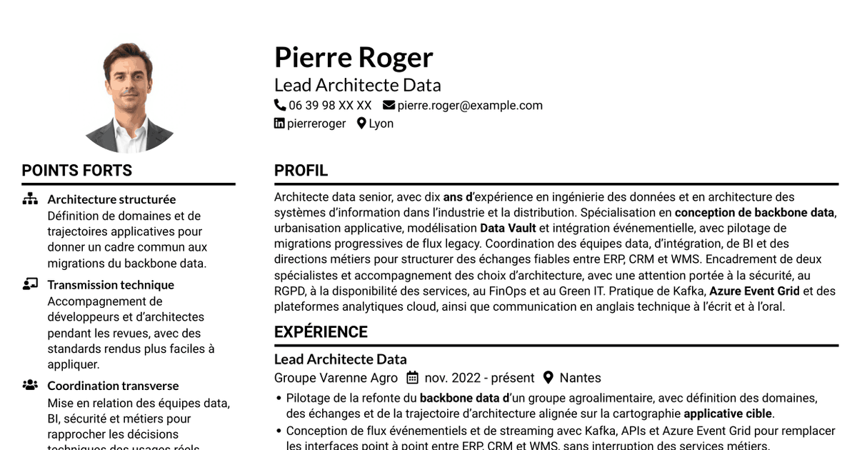 7 modèles de CV pour Lead Architecte Data - Backbone Data, avec exemples