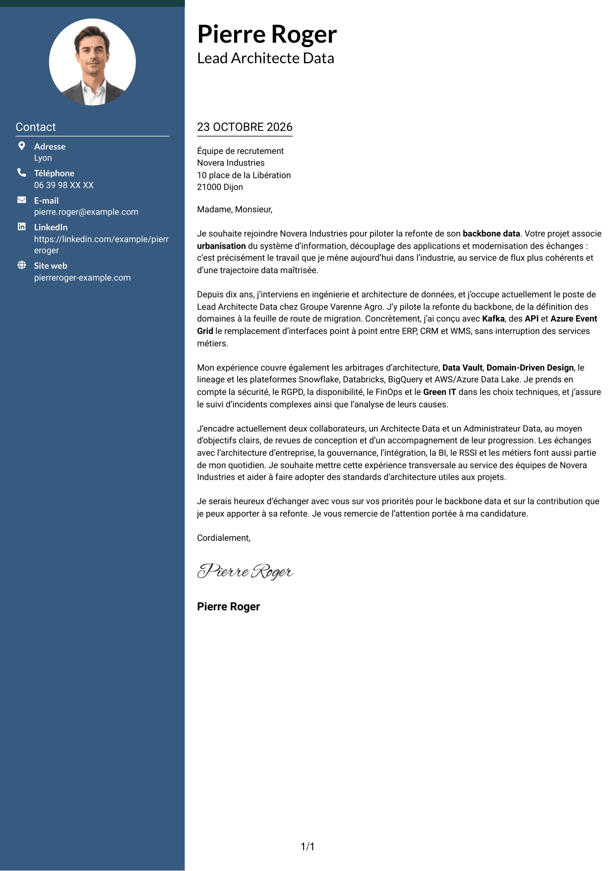 Lettre de motivation Élégant (format à colonne latérale colorée avec photo) : Lead Architecte Data - Backbone Data, page 1