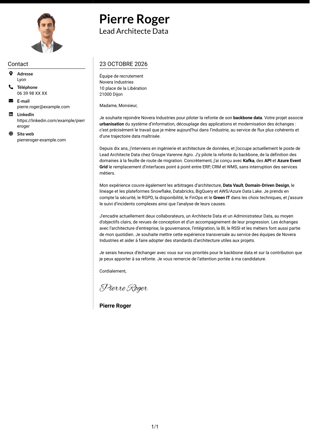 Lettre de motivation Moderne (format à deux colonnes avec photo à gauche et séparateur) : Lead Architecte Data - Backbone Data, page 1