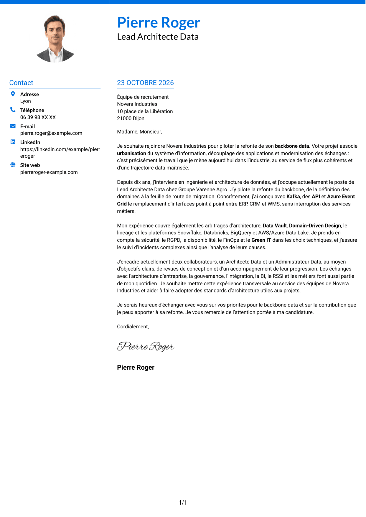 Lettre de motivation Audacieux (format à deux colonnes avec accents colorés et photo) : Lead Architecte Data - Backbone Data, page 1