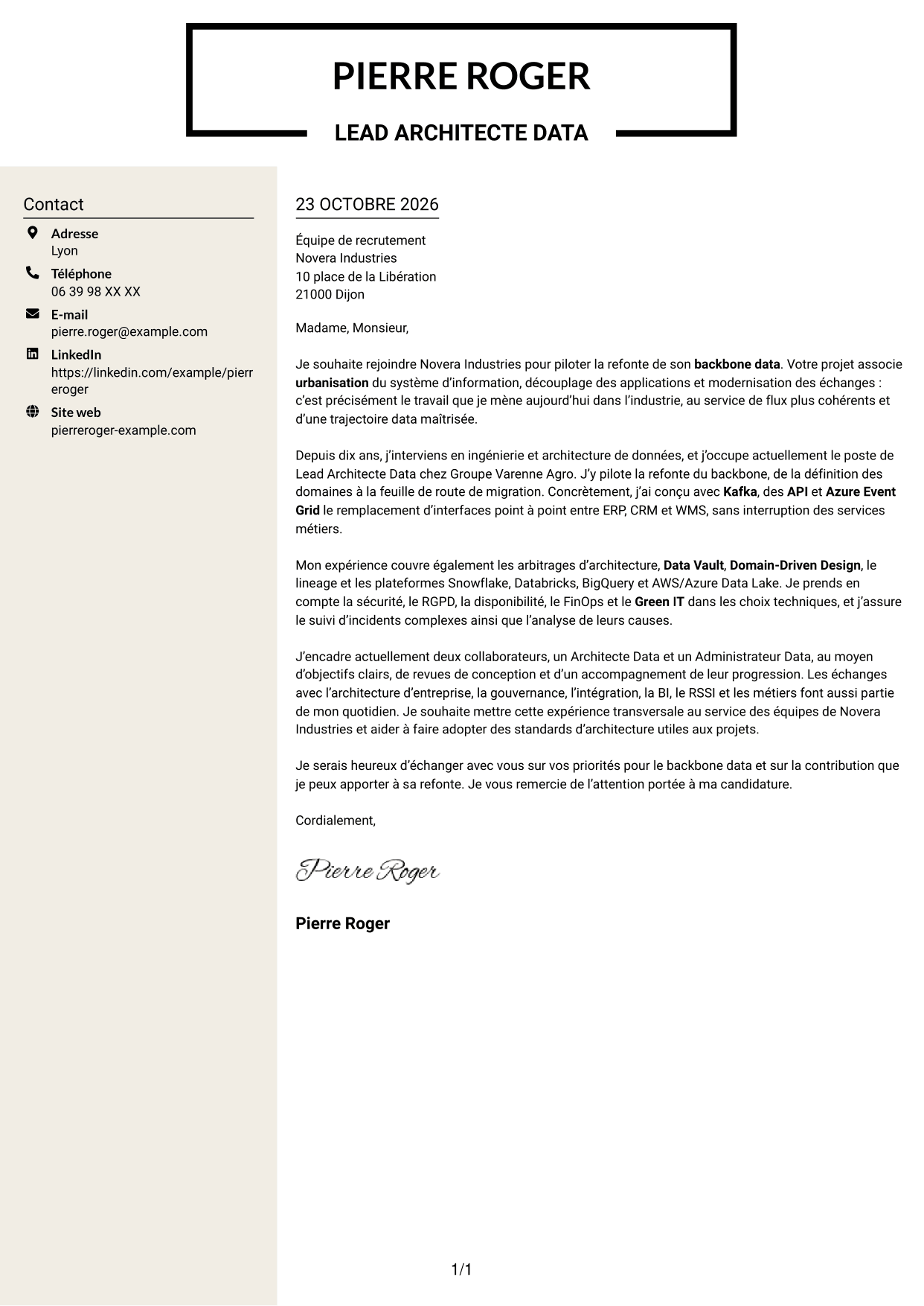 Lettre de motivation Fonceur (format à deux colonnes avec en-tête centré sans photo) : Lead Architecte Data - Backbone Data, page 1