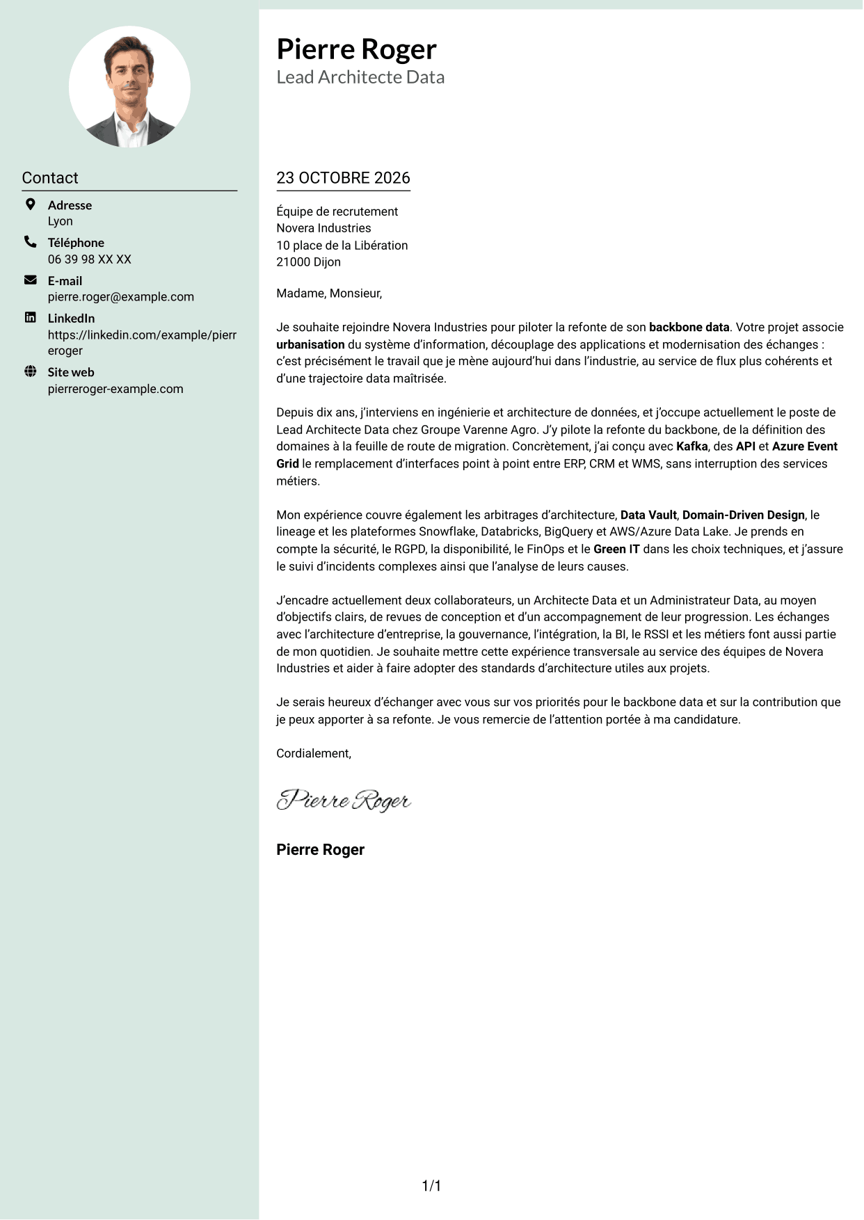 Lettre de motivation Cadre (format à colonne latérale douce avec photo arrondie) : Lead Architecte Data - Backbone Data, page 1