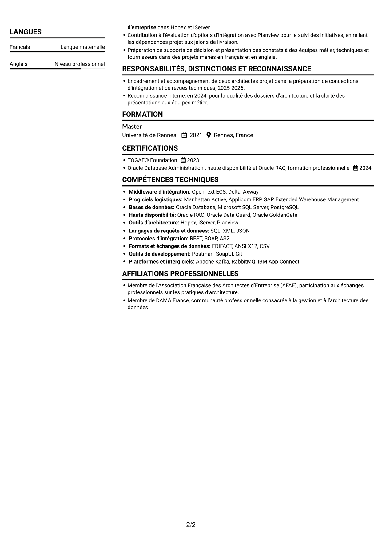 CV Compact (format sobre à deux colonnes avec photo) : Lead Architecte de solutions - Intégration middleware, page 2