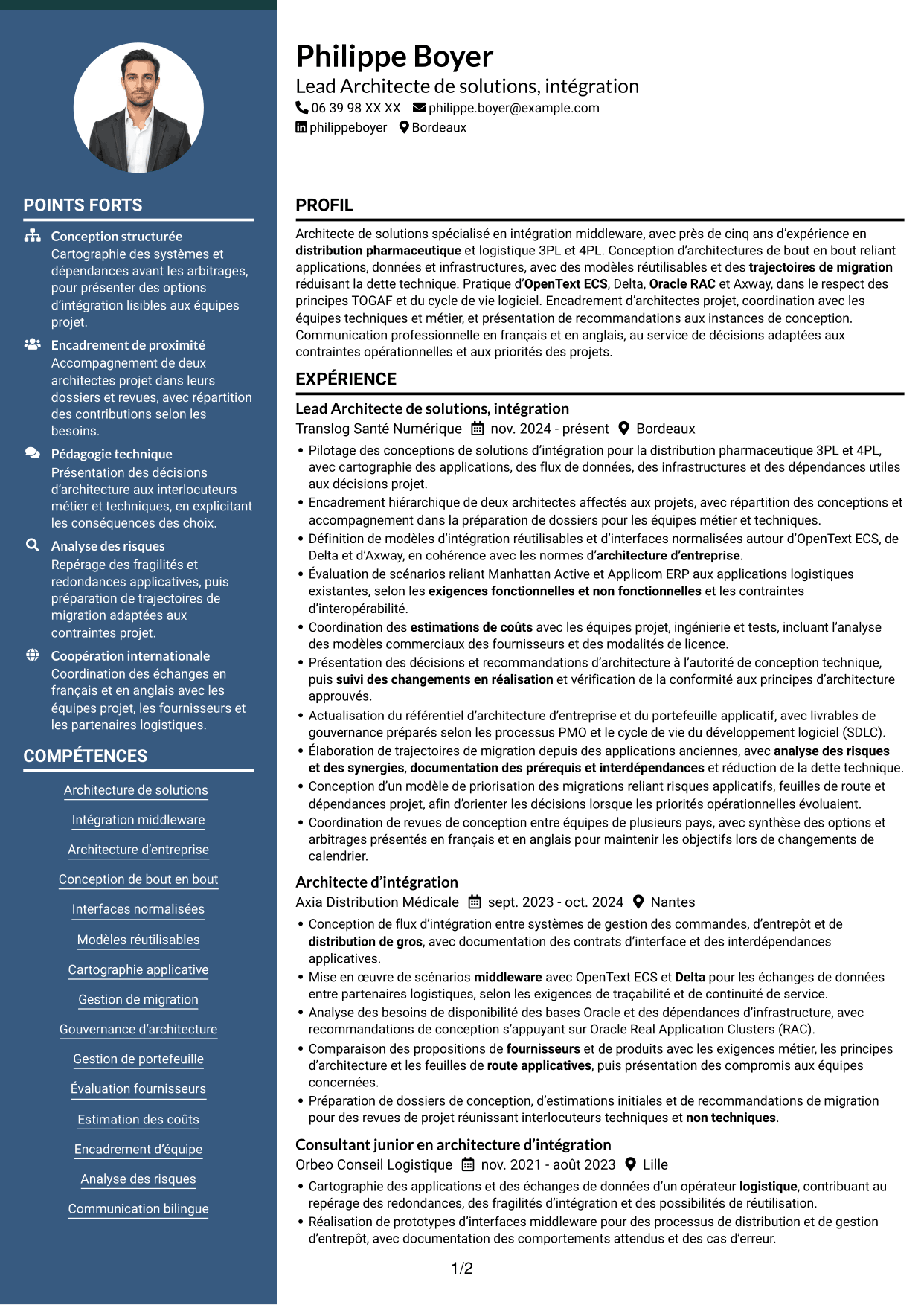 CV Élégant (format à colonne latérale colorée avec photo) : Lead Architecte de solutions - Intégration middleware, page 1