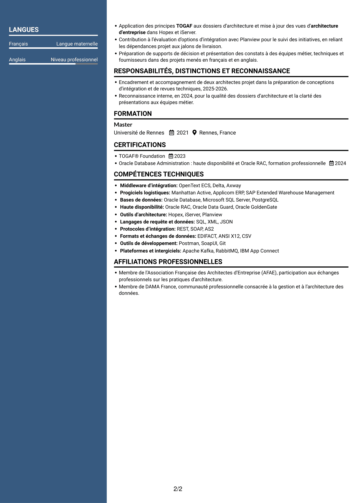 CV Élégant (format à colonne latérale colorée avec photo) : Lead Architecte de solutions - Intégration middleware, page 2