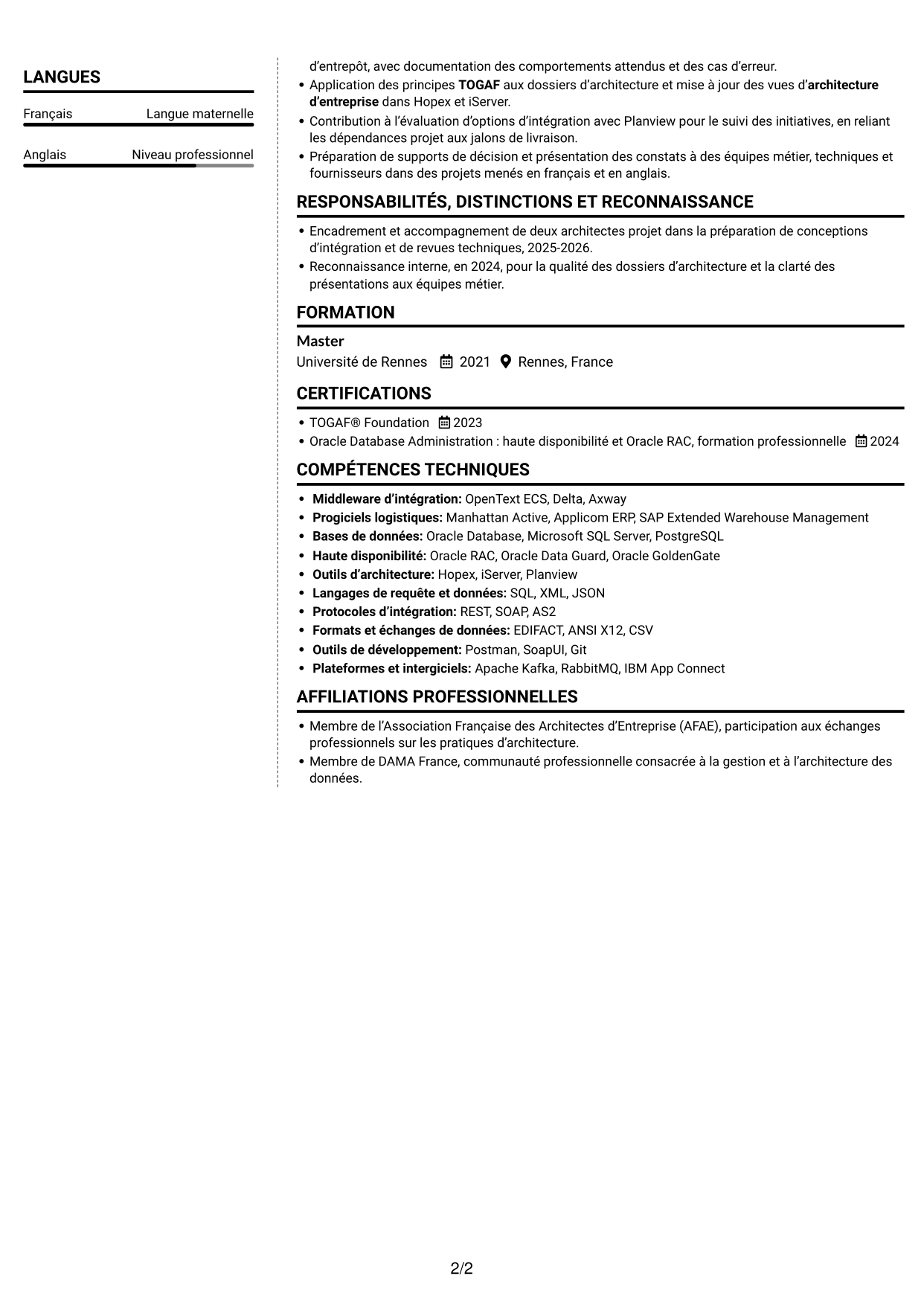 CV Moderne (format à deux colonnes avec photo à gauche et séparateur) : Lead Architecte de solutions - Intégration middleware, page 2