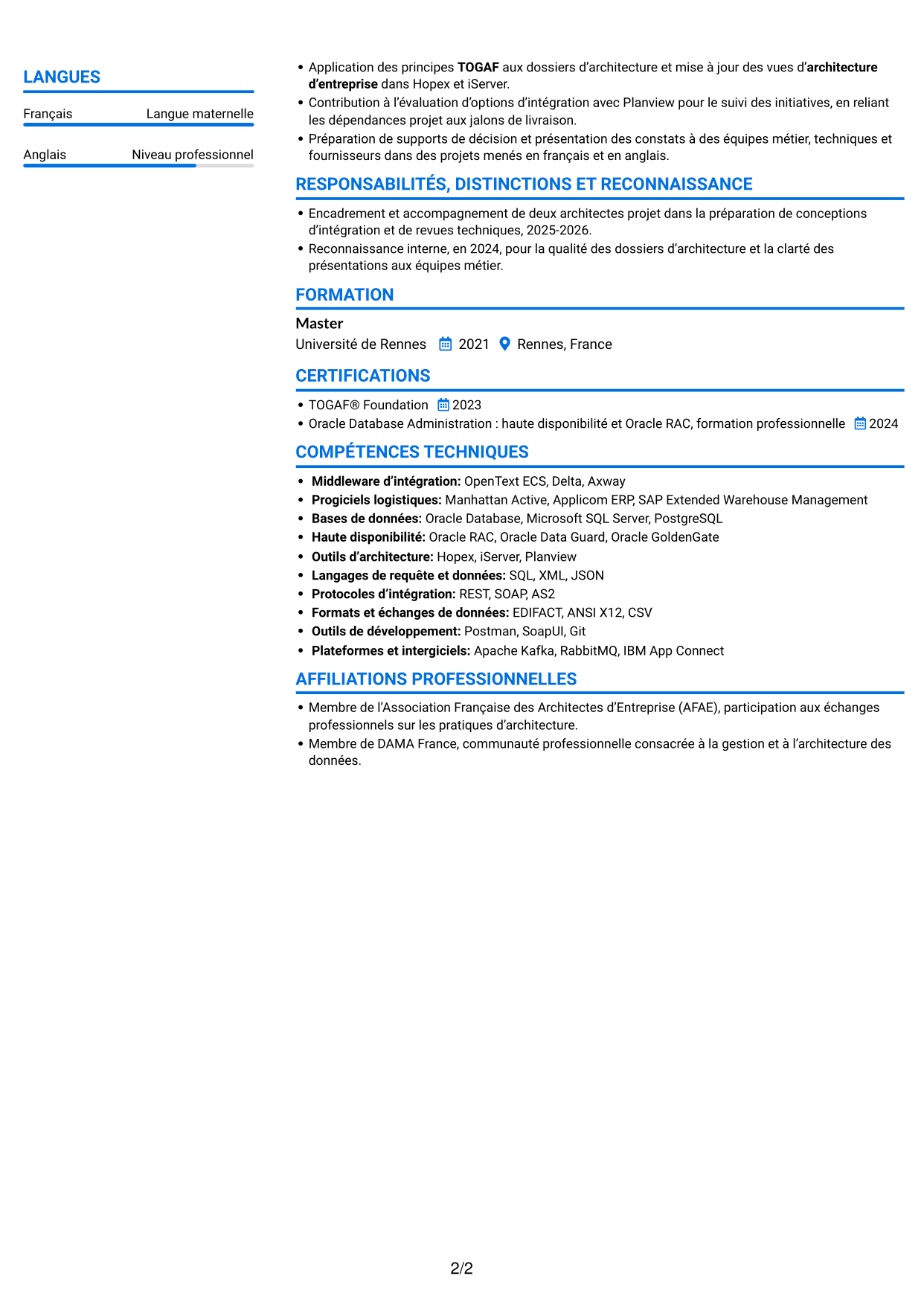 CV Audacieux (format à deux colonnes avec accents colorés et photo) : Lead Architecte de solutions - Intégration middleware, page 2