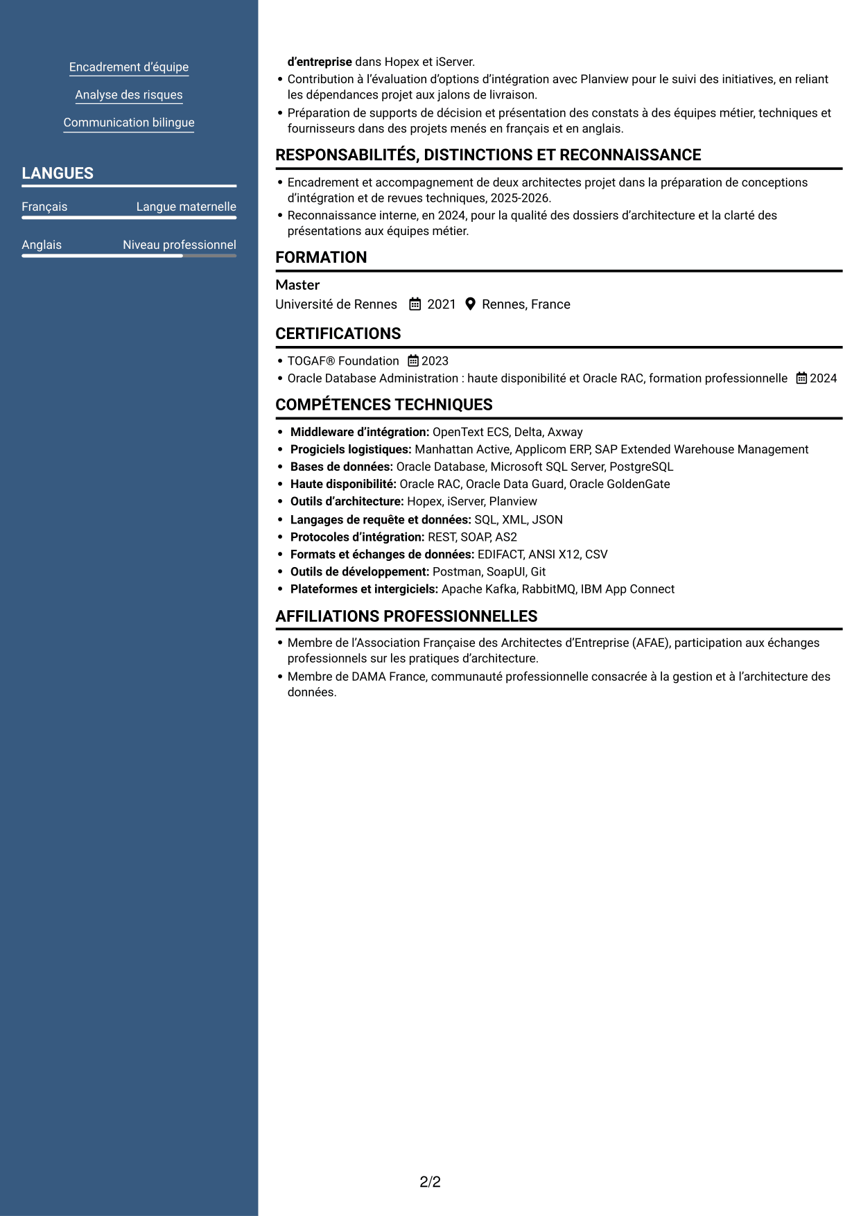 CV Signature (format à colonne latérale colorée avec grande photo) : Lead Architecte de solutions - Intégration middleware, page 2