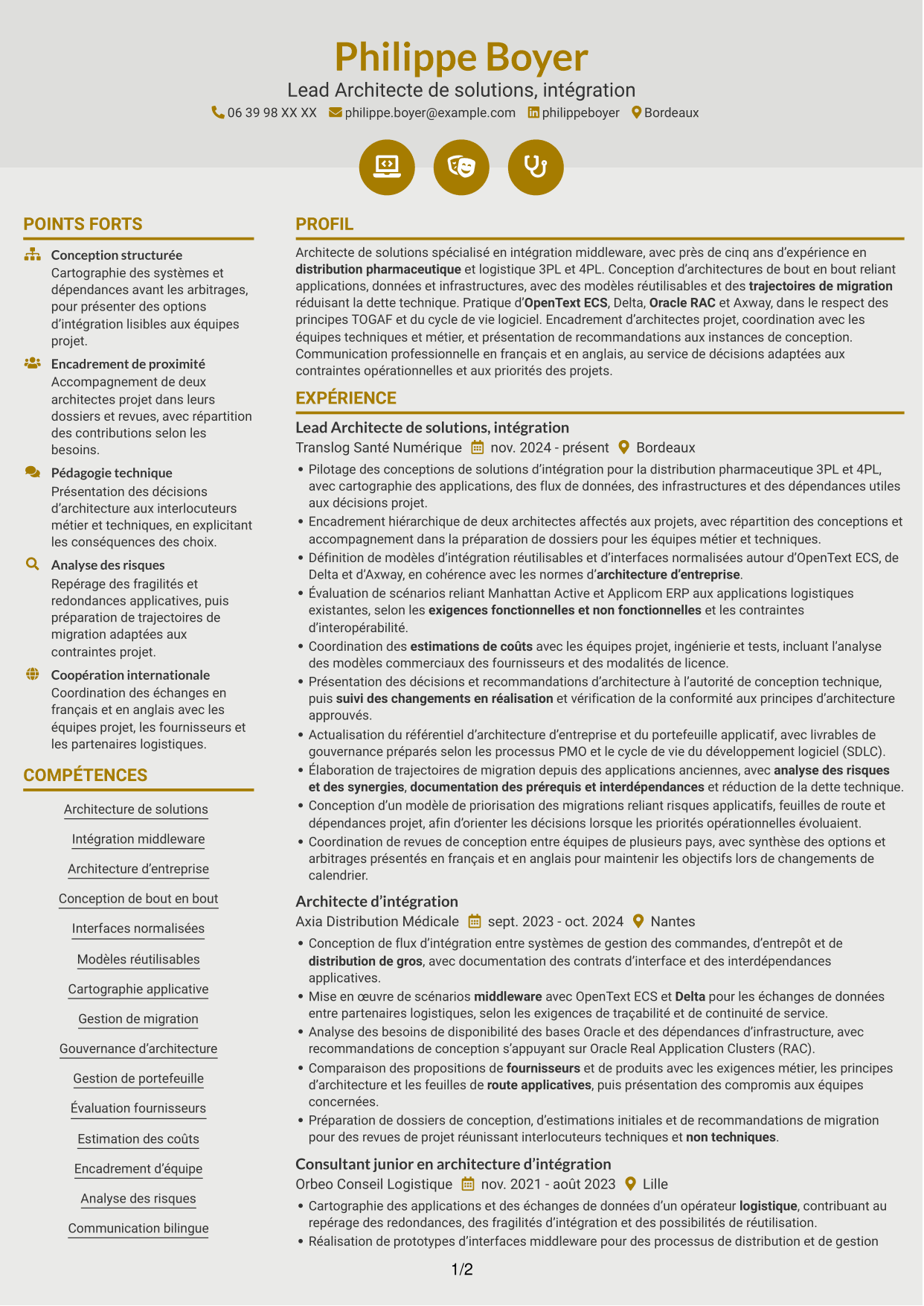 CV Dynamique (format à deux colonnes avec icônes) : Lead Architecte de solutions - Intégration middleware, page 1