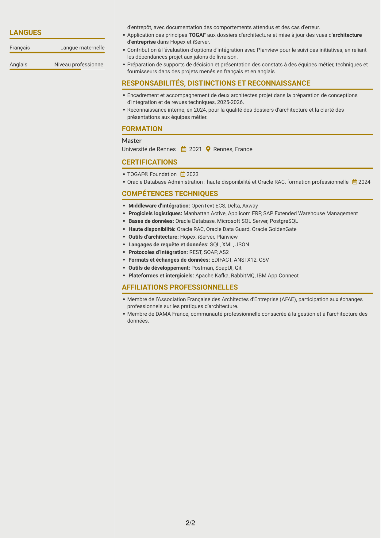 CV Dynamique (format à deux colonnes avec icônes) : Lead Architecte de solutions - Intégration middleware, page 2