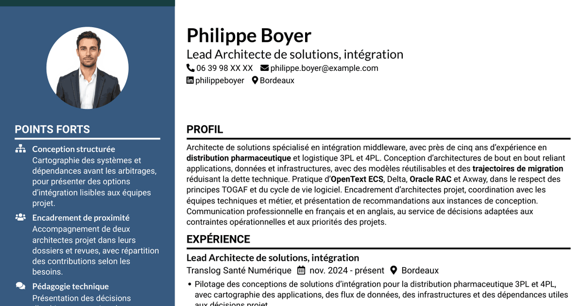 7 modèles de CV pour Lead Architecte de solutions - Intégration middleware, avec exemples