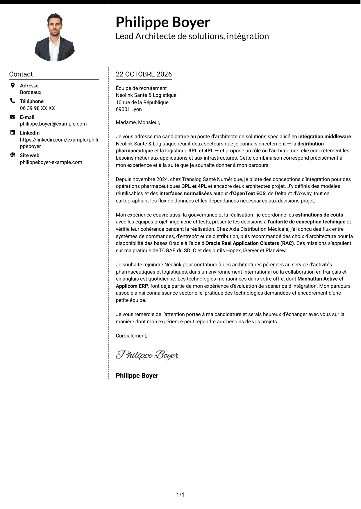 Lettre de motivation Moderne (format à deux colonnes avec photo à gauche et séparateur) : Lead Architecte de solutions - Intégration middleware, page 1