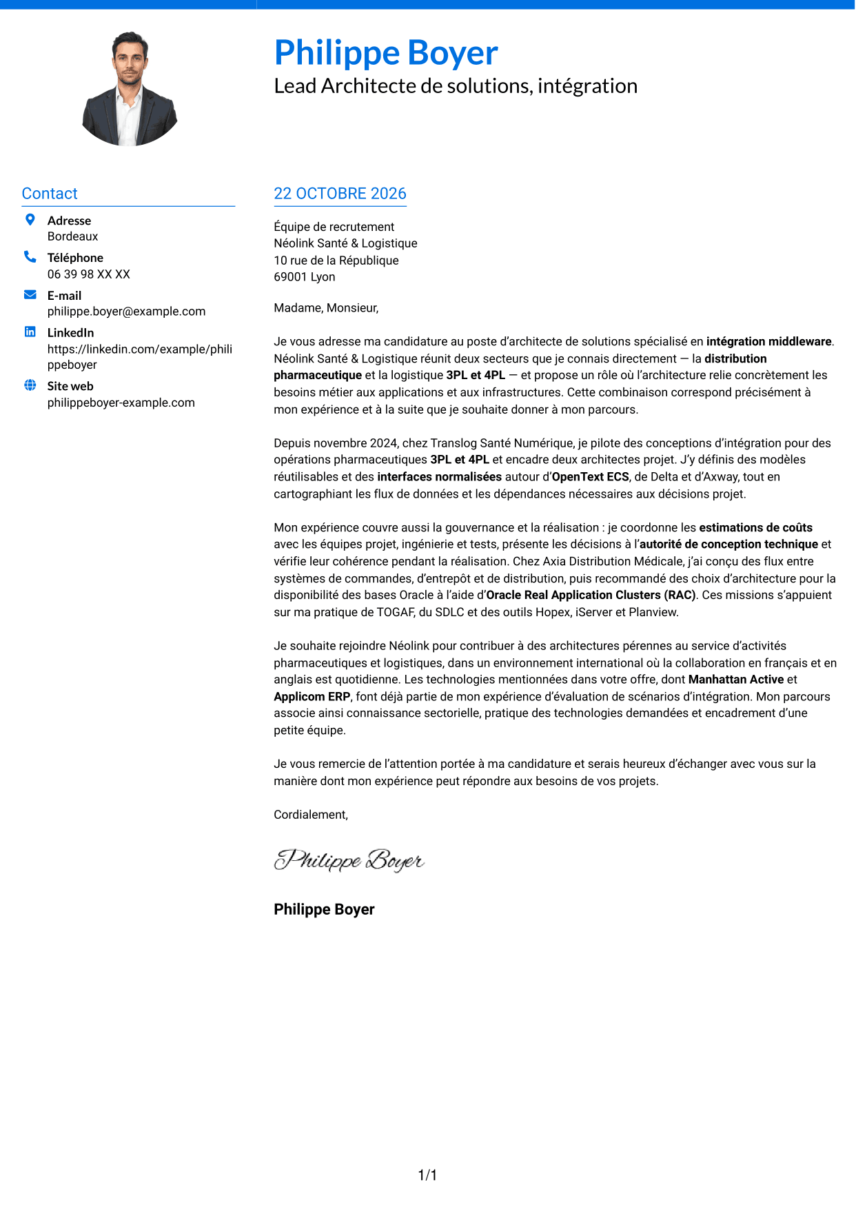 Lettre de motivation Audacieux (format à deux colonnes avec accents colorés et photo) : Lead Architecte de solutions - Intégration middleware, page 1
