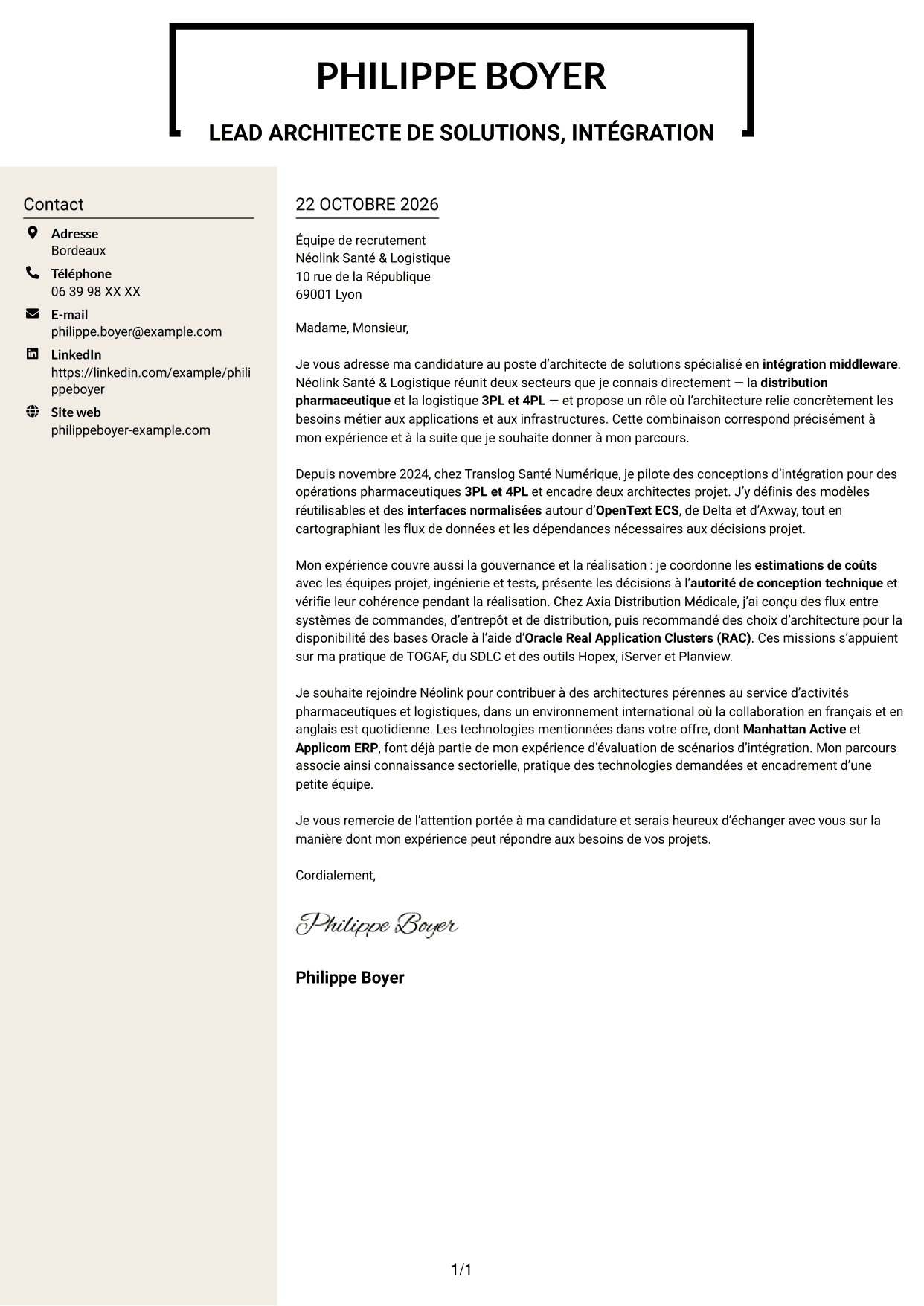 Lettre de motivation Fonceur (format à deux colonnes avec en-tête centré sans photo) : Lead Architecte de solutions - Intégration middleware, page 1