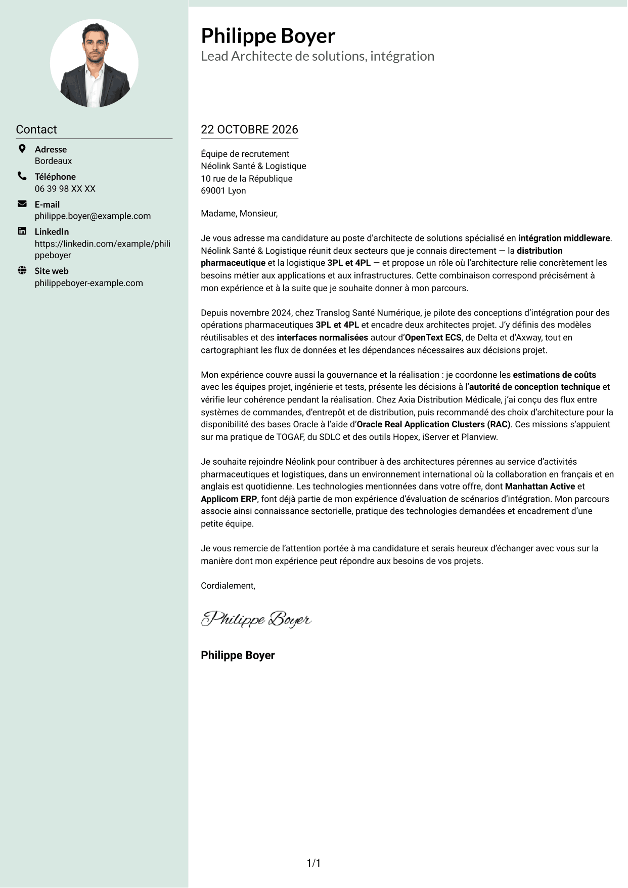 Lettre de motivation Cadre (format à colonne latérale douce avec photo arrondie) : Lead Architecte de solutions - Intégration middleware, page 1