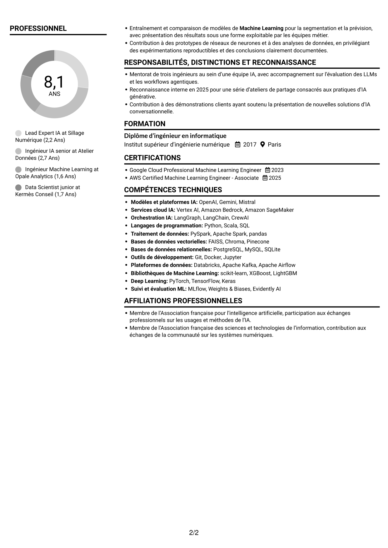 CV Compact (format sobre à deux colonnes avec photo) : Lead Expert IA - IA générative et systèmes agentiques, page 2