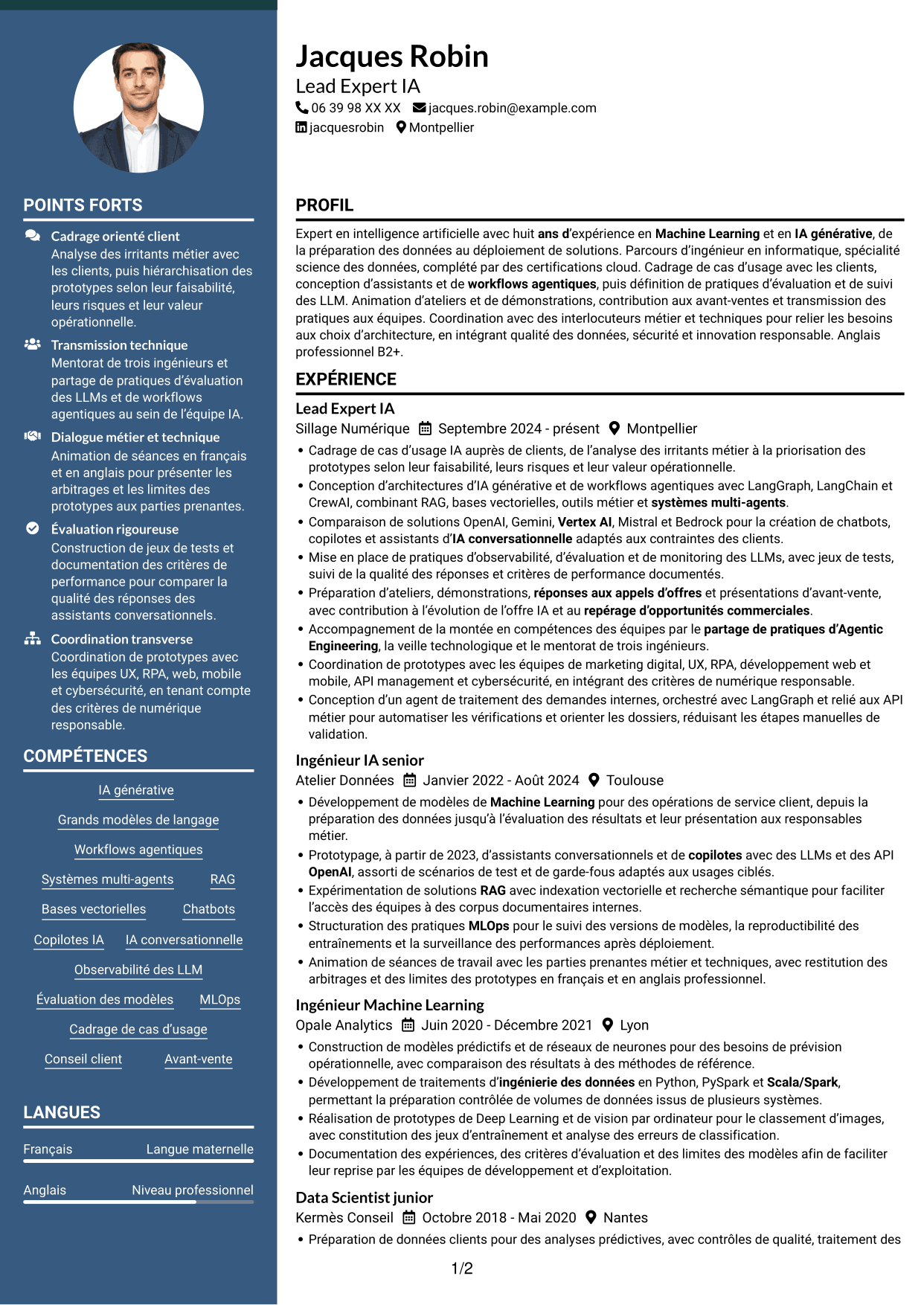 CV Élégant (format à colonne latérale colorée avec photo) : Lead Expert IA - IA générative et systèmes agentiques, page 1