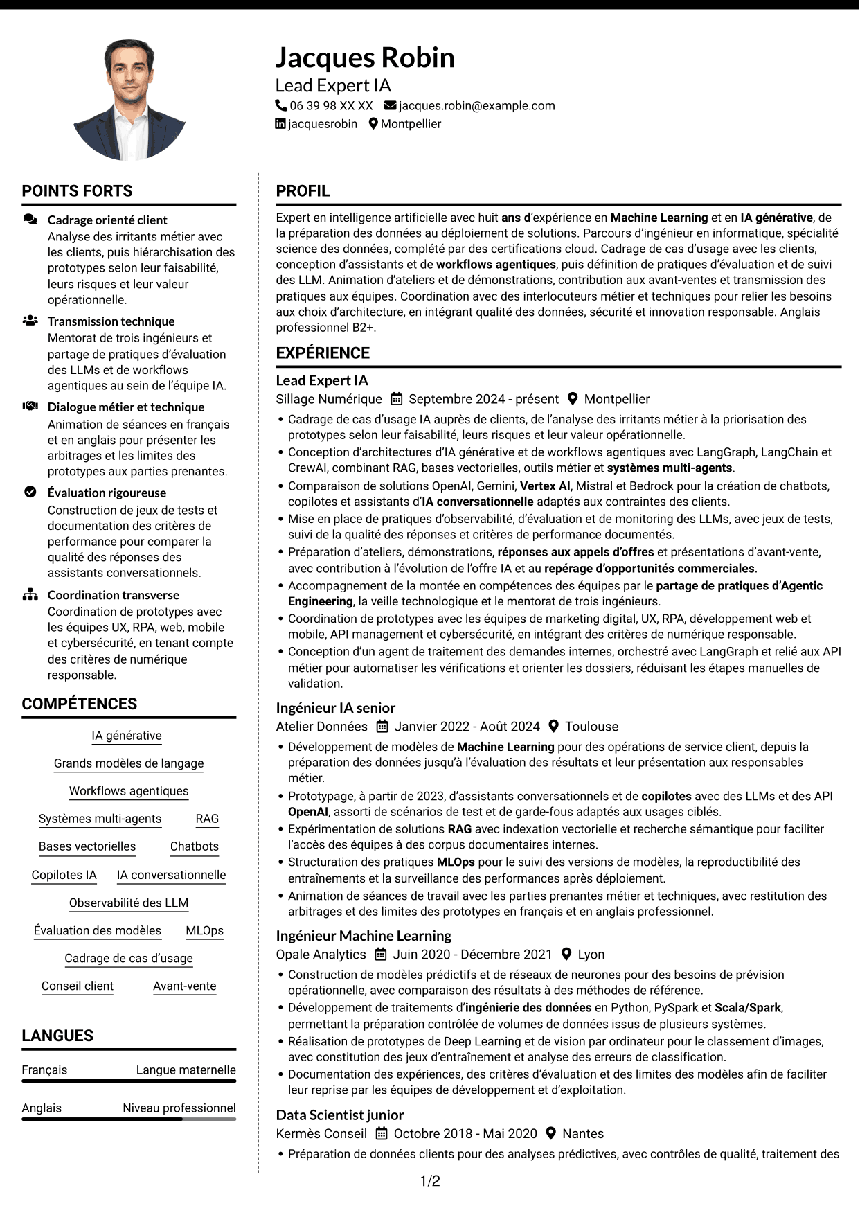 CV Moderne (format à deux colonnes avec photo à gauche et séparateur) : Lead Expert IA - IA générative et systèmes agentiques, page 1