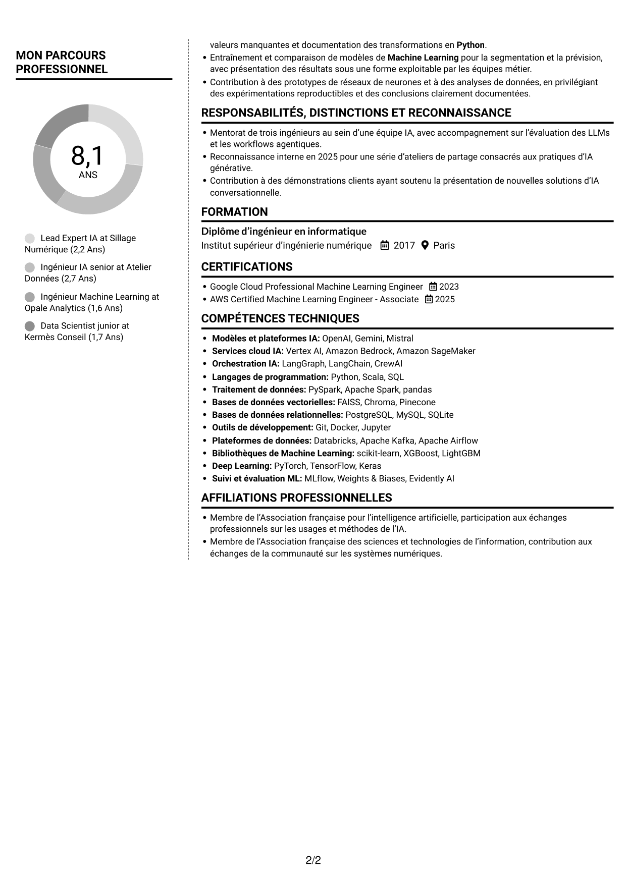 CV Moderne (format à deux colonnes avec photo à gauche et séparateur) : Lead Expert IA - IA générative et systèmes agentiques, page 2