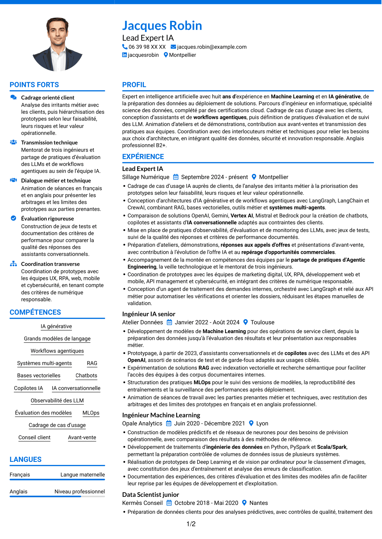 CV Audacieux (format à deux colonnes avec accents colorés et photo) : Lead Expert IA - IA générative et systèmes agentiques, page 1
