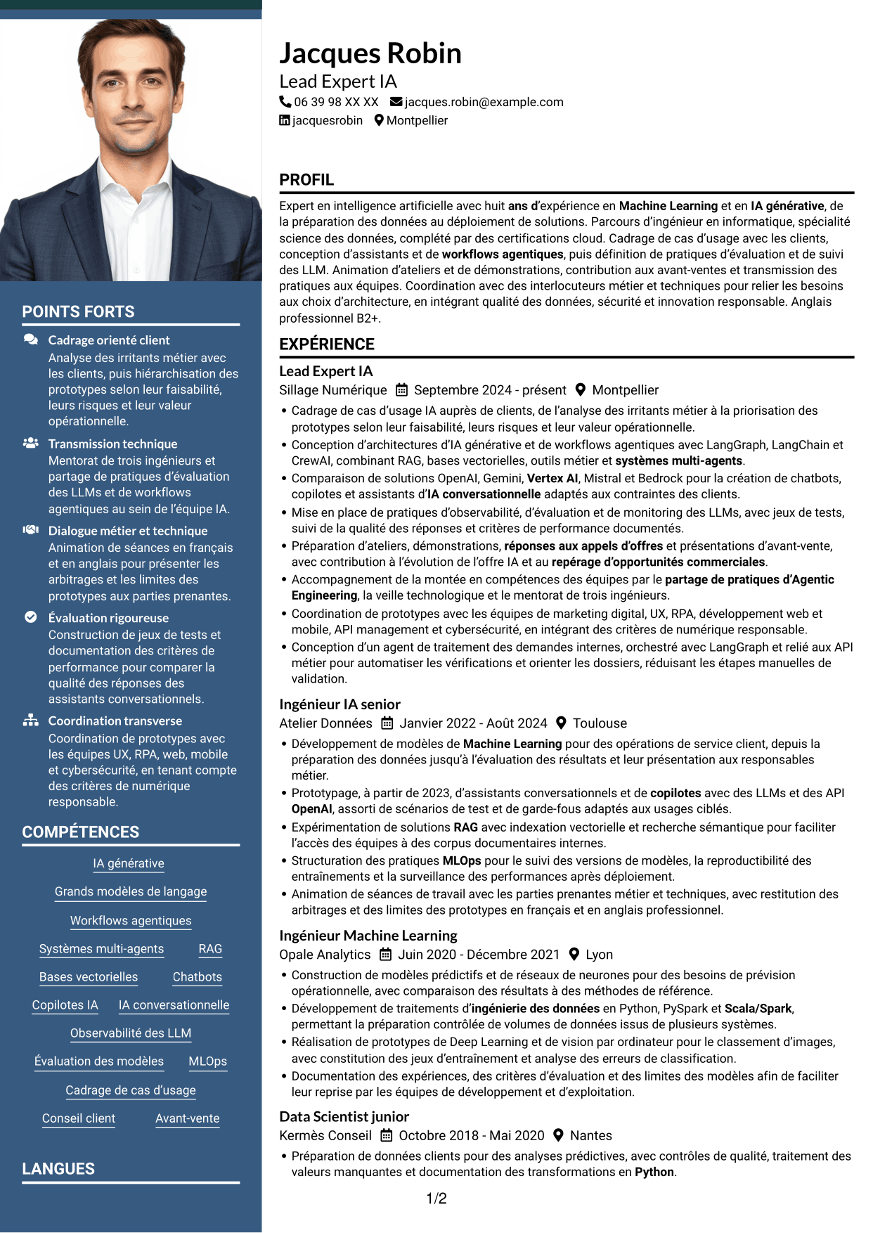 CV Signature (format à colonne latérale colorée avec grande photo) : Lead Expert IA - IA générative et systèmes agentiques, page 1
