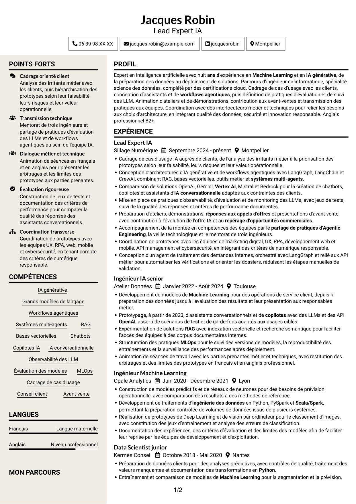 CV Fonceur (format à deux colonnes avec en-tête centré sans photo) : Lead Expert IA - IA générative et systèmes agentiques, page 1