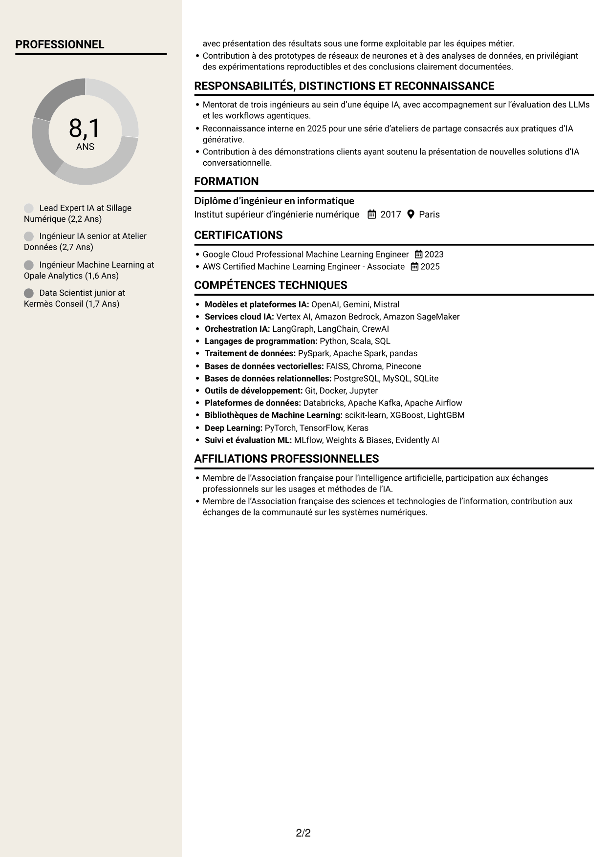 CV Fonceur (format à deux colonnes avec en-tête centré sans photo) : Lead Expert IA - IA générative et systèmes agentiques, page 2