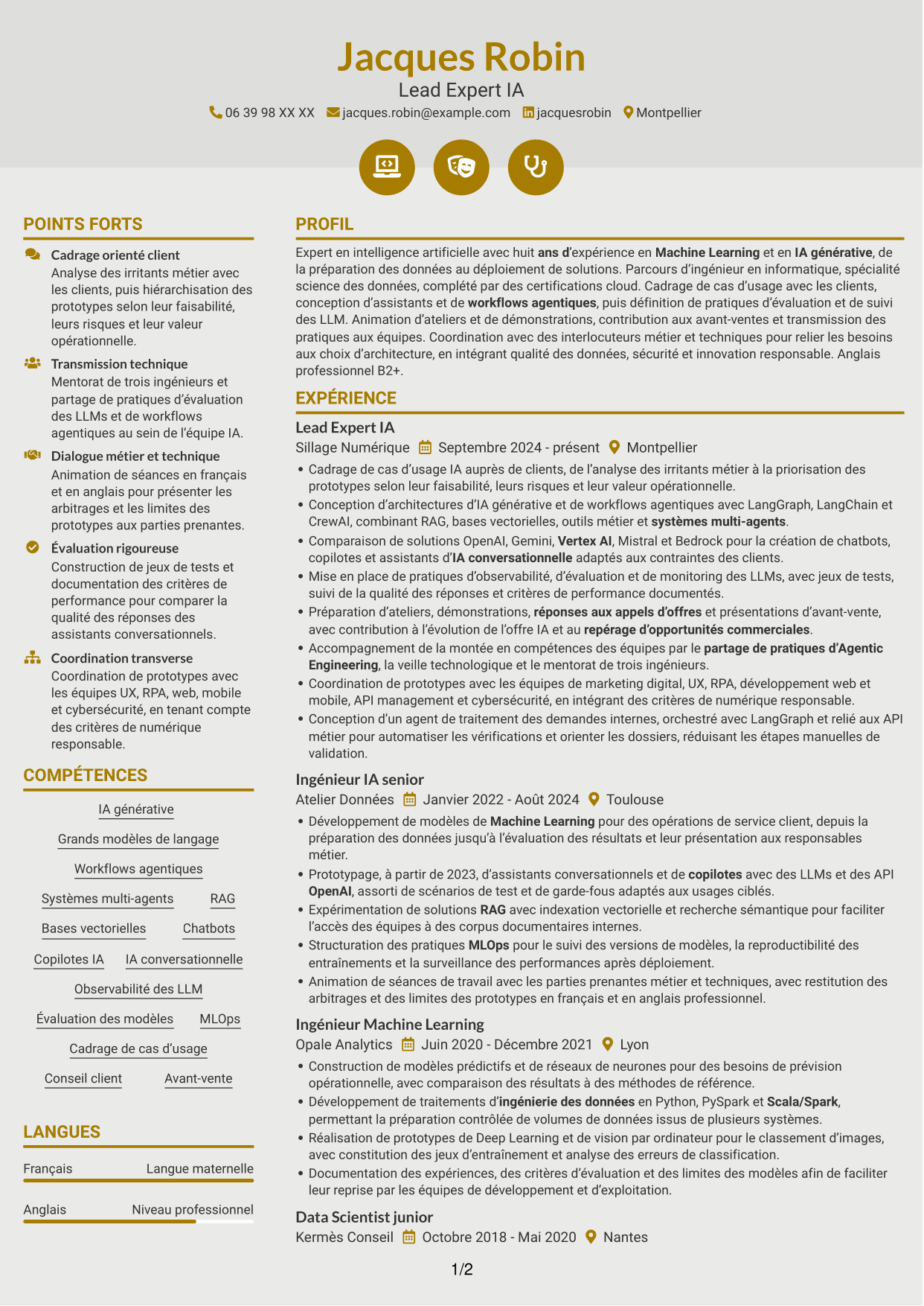 CV Dynamique (format à deux colonnes avec icônes) : Lead Expert IA - IA générative et systèmes agentiques, page 1