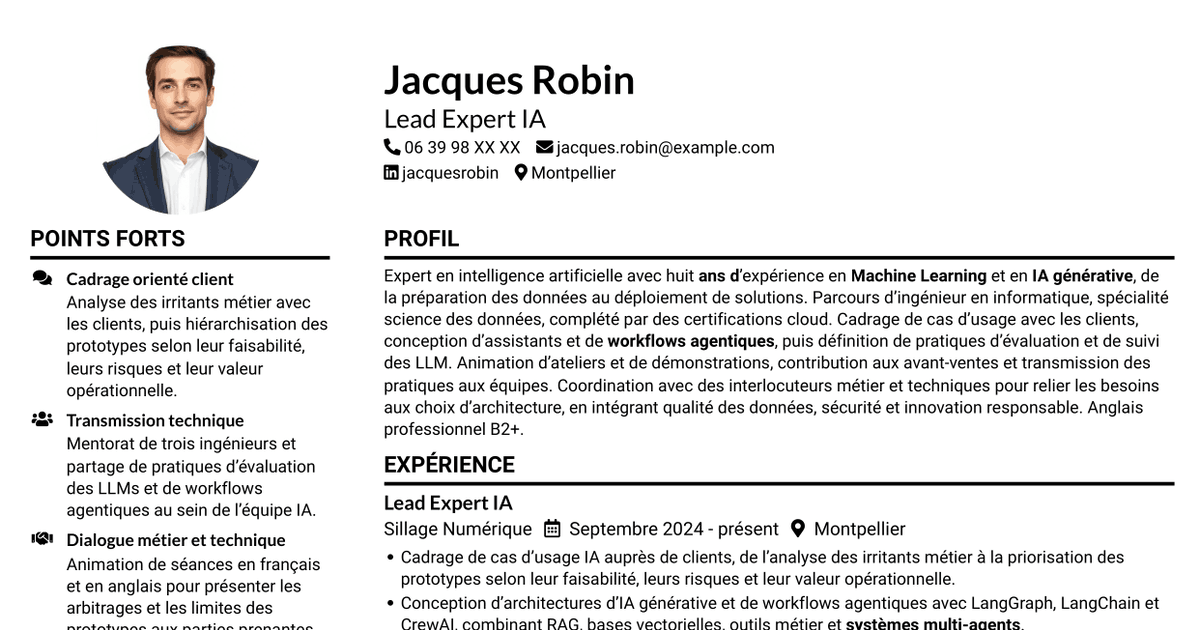 7 modèles de CV pour Lead Expert IA - IA générative et systèmes agentiques, avec exemples