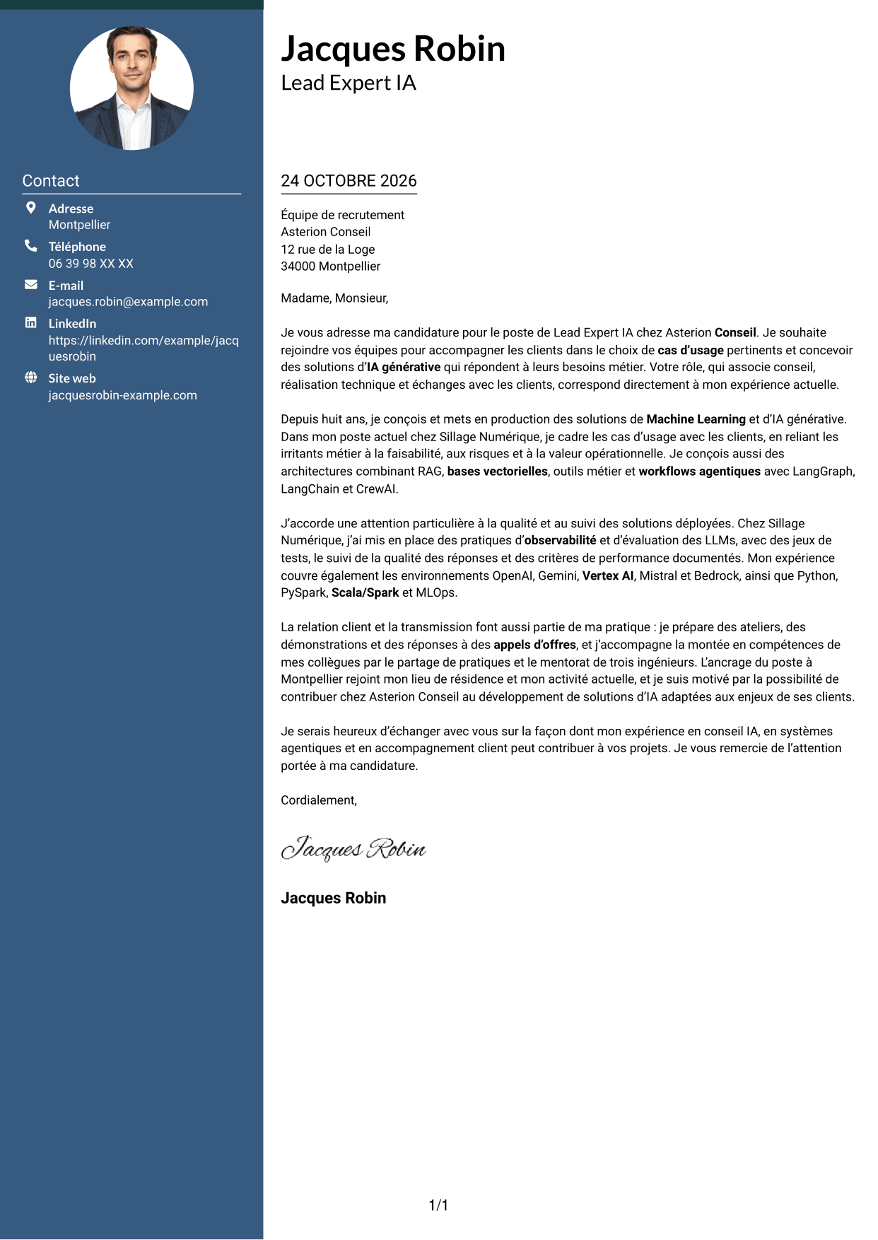 Lettre de motivation Élégant (format à colonne latérale colorée avec photo) : Lead Expert IA - IA générative et systèmes agentiques, page 1