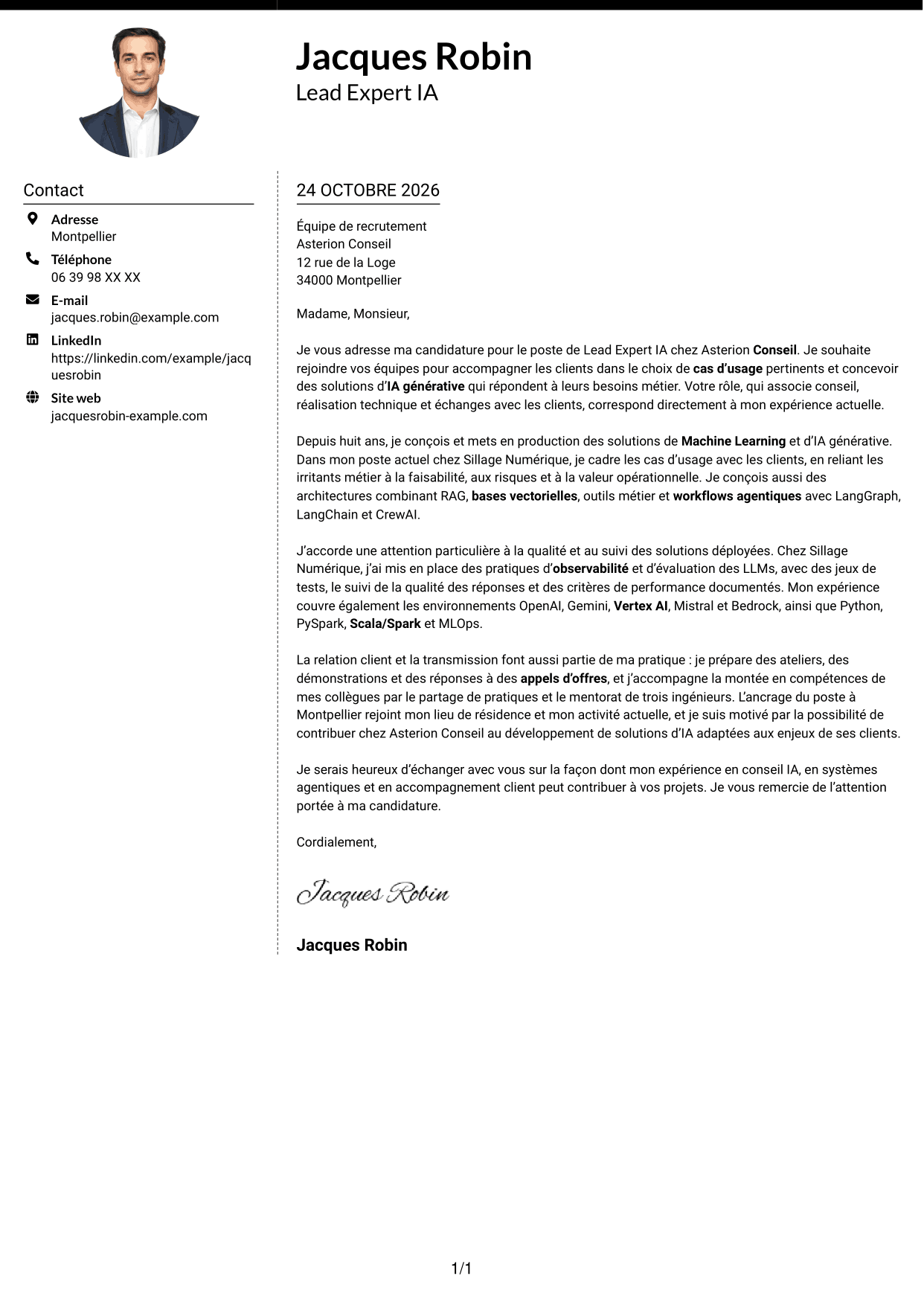 Lettre de motivation Moderne (format à deux colonnes avec photo à gauche et séparateur) : Lead Expert IA - IA générative et systèmes agentiques, page 1