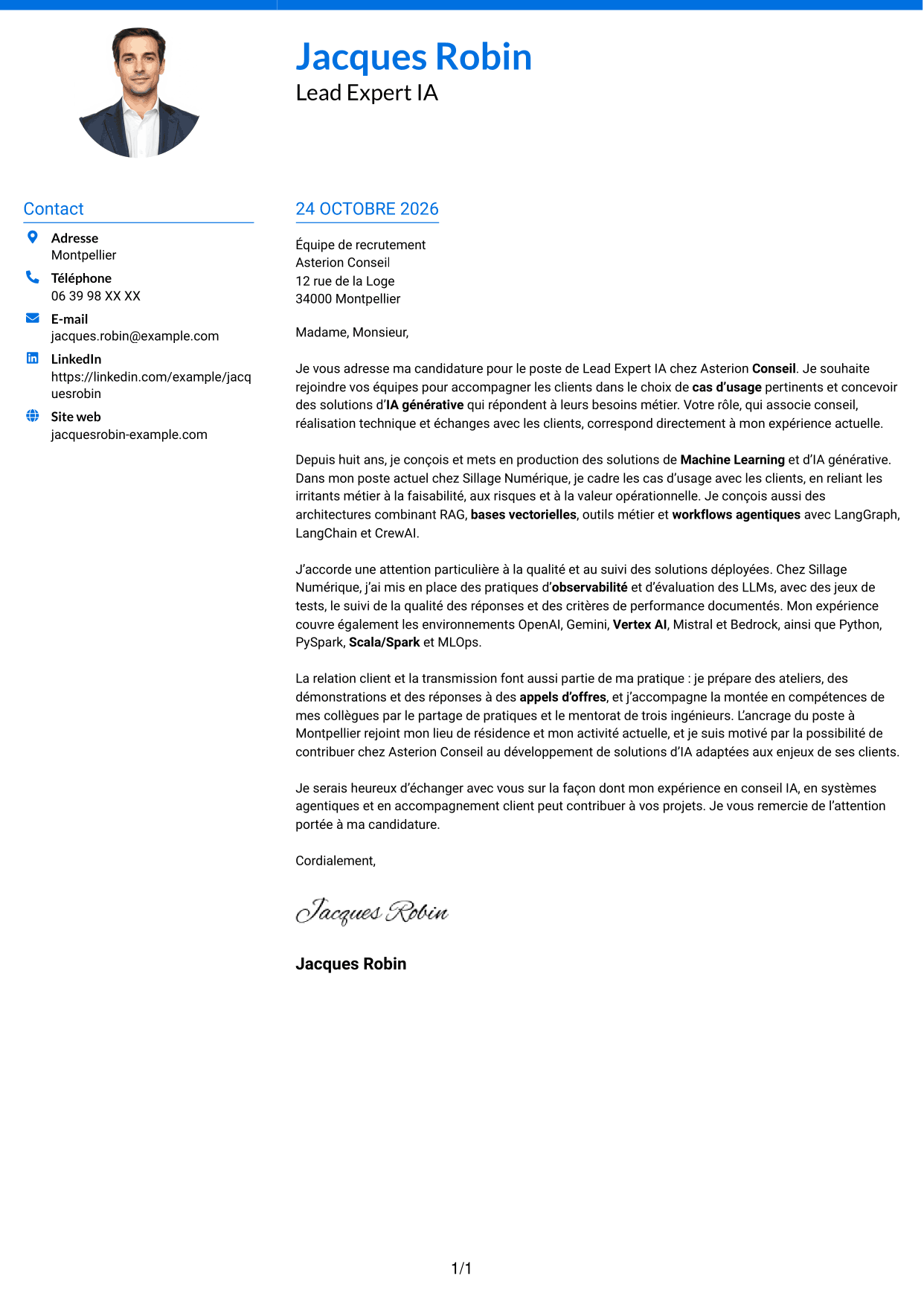 Lettre de motivation Audacieux (format à deux colonnes avec accents colorés et photo) : Lead Expert IA - IA générative et systèmes agentiques, page 1