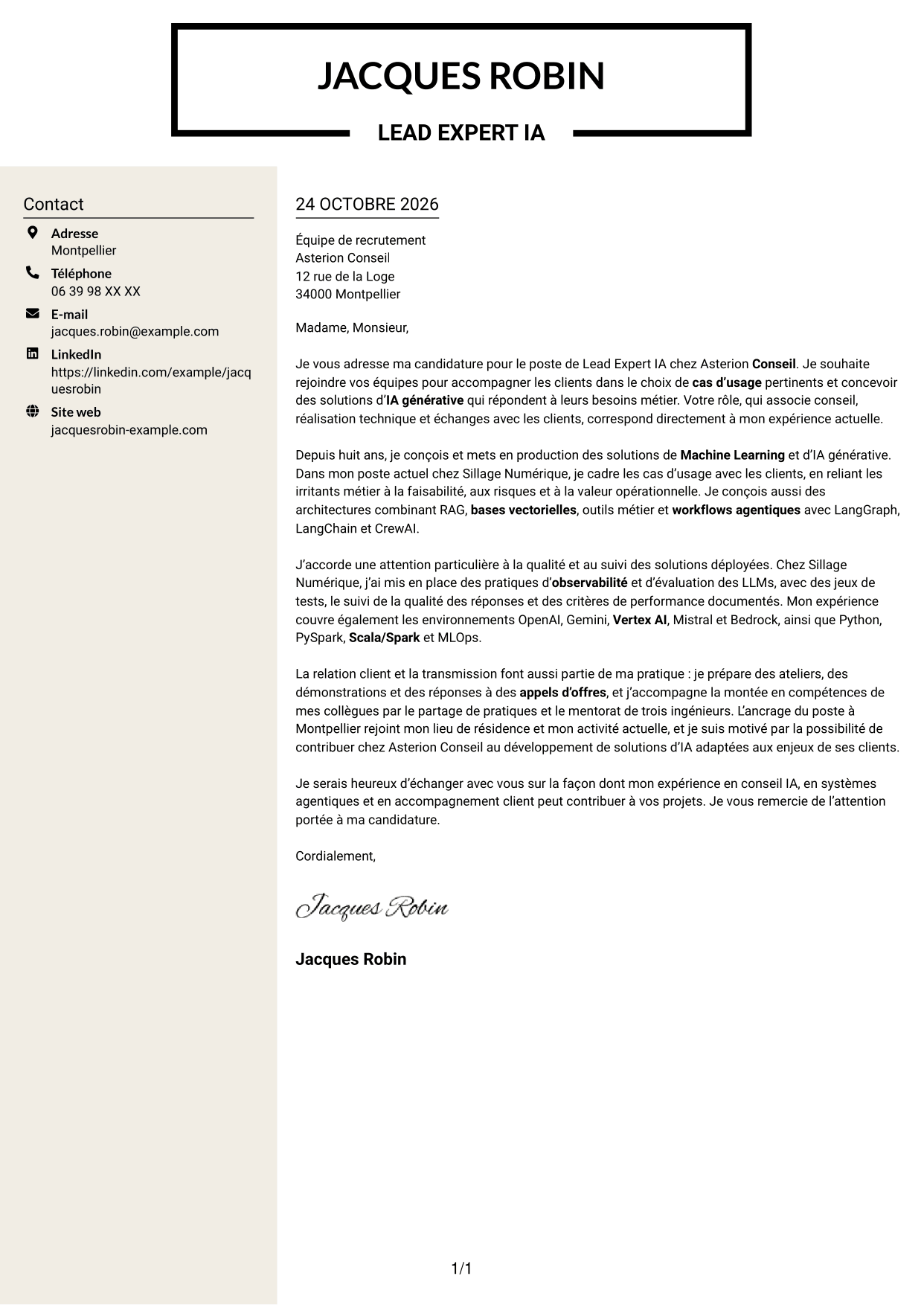 Lettre de motivation Fonceur (format à deux colonnes avec en-tête centré sans photo) : Lead Expert IA - IA générative et systèmes agentiques, page 1