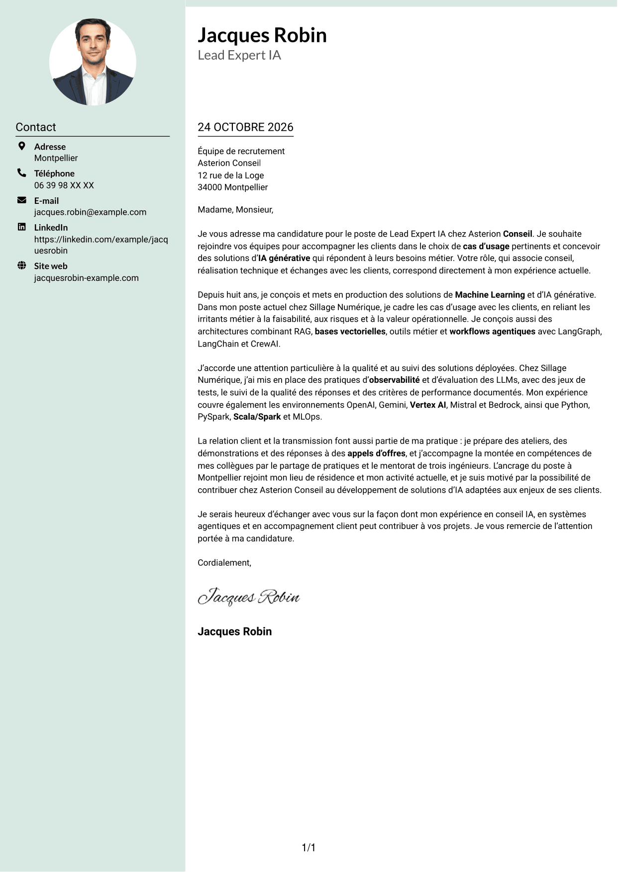 Lettre de motivation Cadre (format à colonne latérale douce avec photo arrondie) : Lead Expert IA - IA générative et systèmes agentiques, page 1