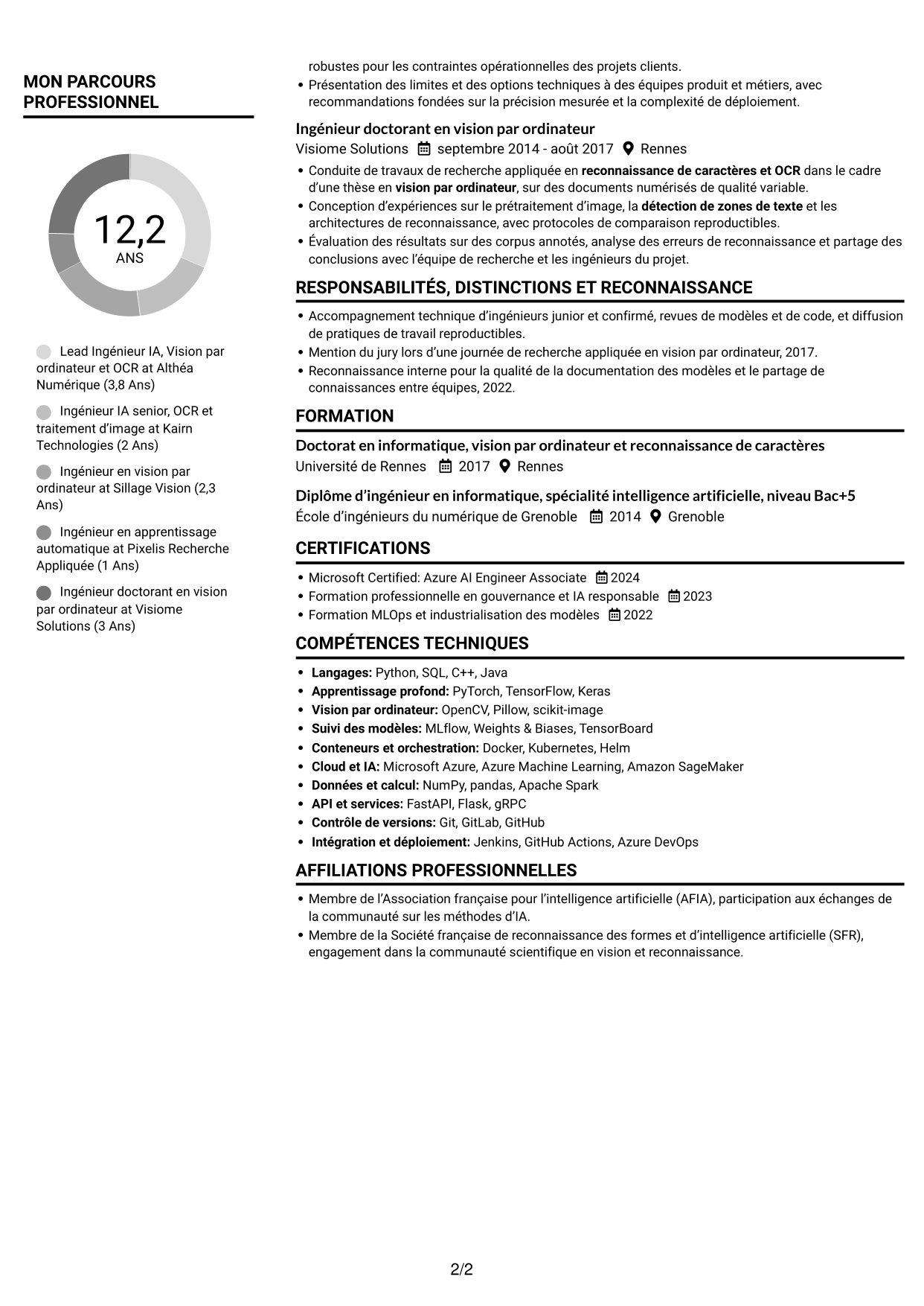 CV Compact (format sobre à deux colonnes avec photo) : Lead Ingénieur IA - Vision par ordinateur et OCR, page 2