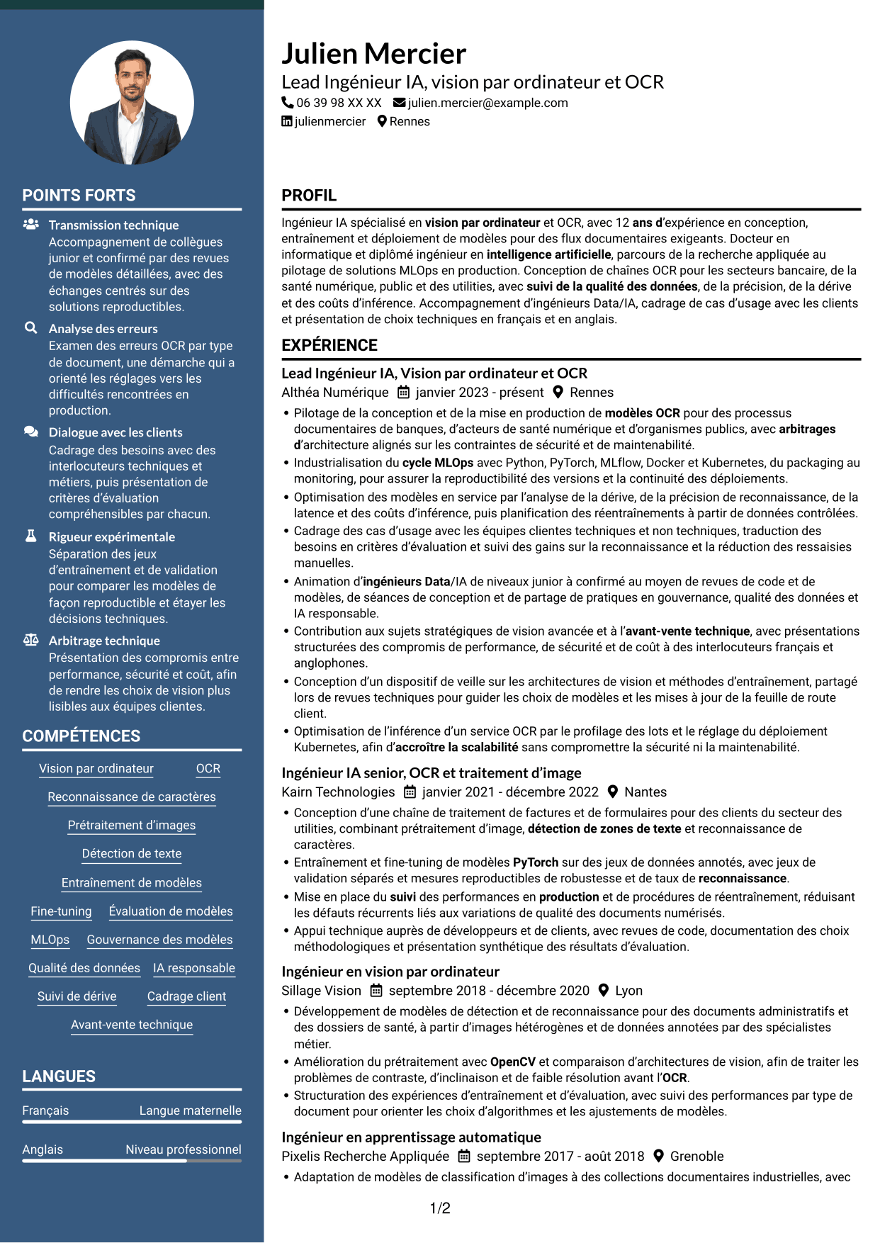 CV Élégant (format à colonne latérale colorée avec photo) : Lead Ingénieur IA - Vision par ordinateur et OCR, page 1
