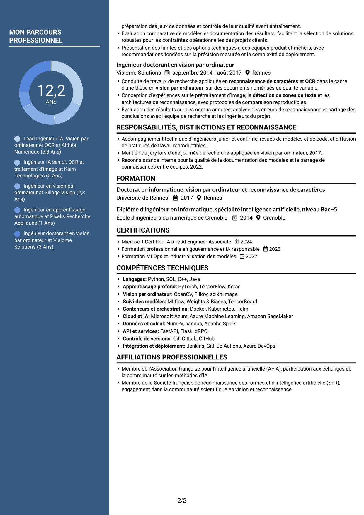 CV Élégant (format à colonne latérale colorée avec photo) : Lead Ingénieur IA - Vision par ordinateur et OCR, page 2