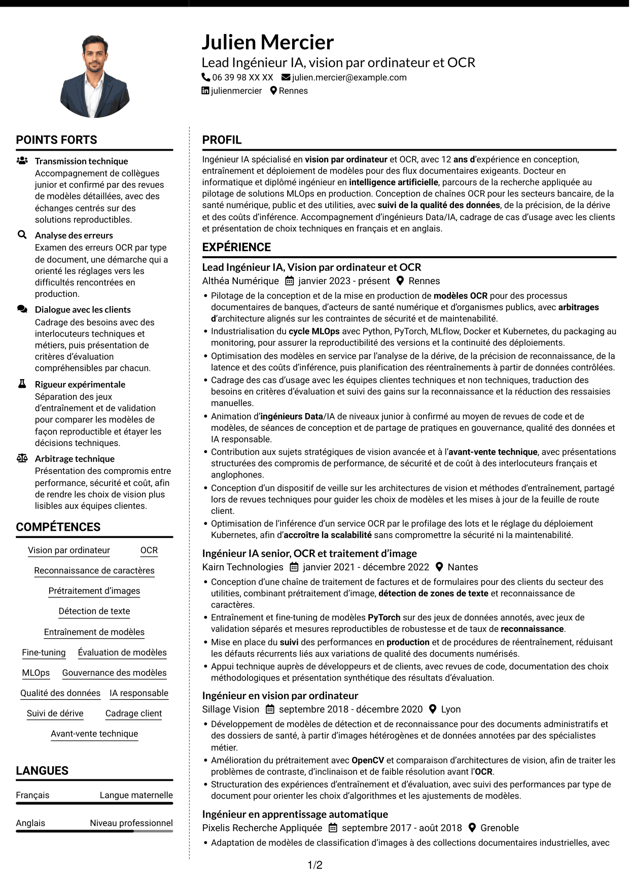CV Moderne (format à deux colonnes avec photo à gauche et séparateur) : Lead Ingénieur IA - Vision par ordinateur et OCR, page 1