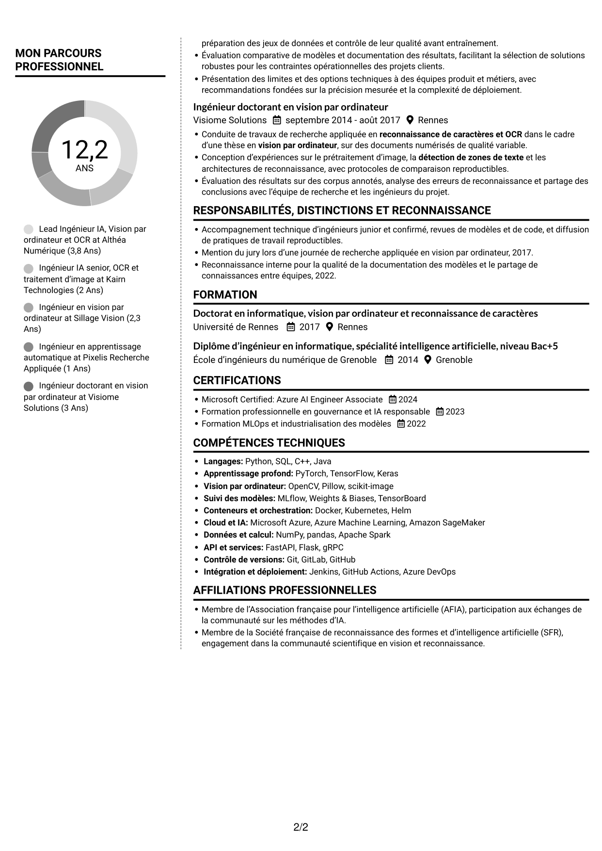 CV Moderne (format à deux colonnes avec photo à gauche et séparateur) : Lead Ingénieur IA - Vision par ordinateur et OCR, page 2
