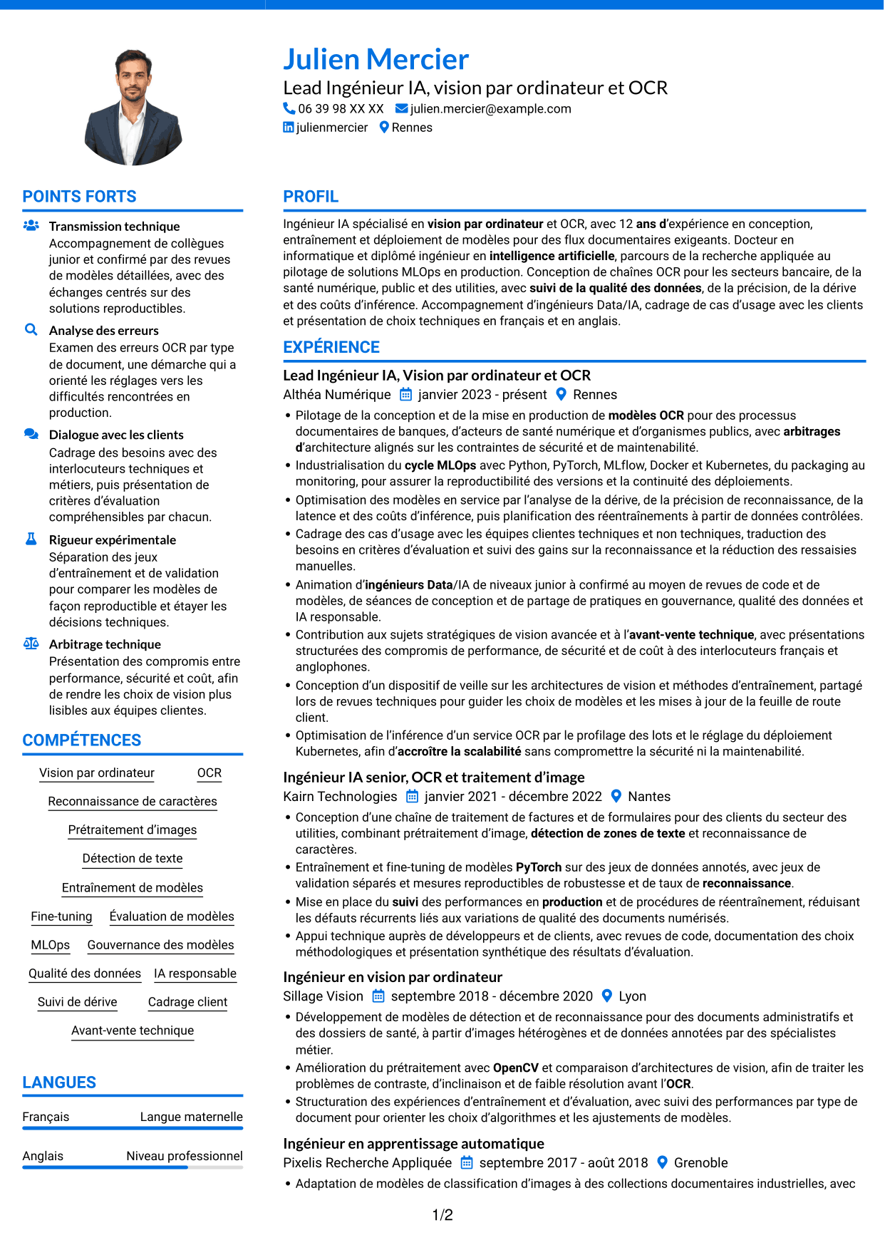 CV Audacieux (format à deux colonnes avec accents colorés et photo) : Lead Ingénieur IA - Vision par ordinateur et OCR, page 1