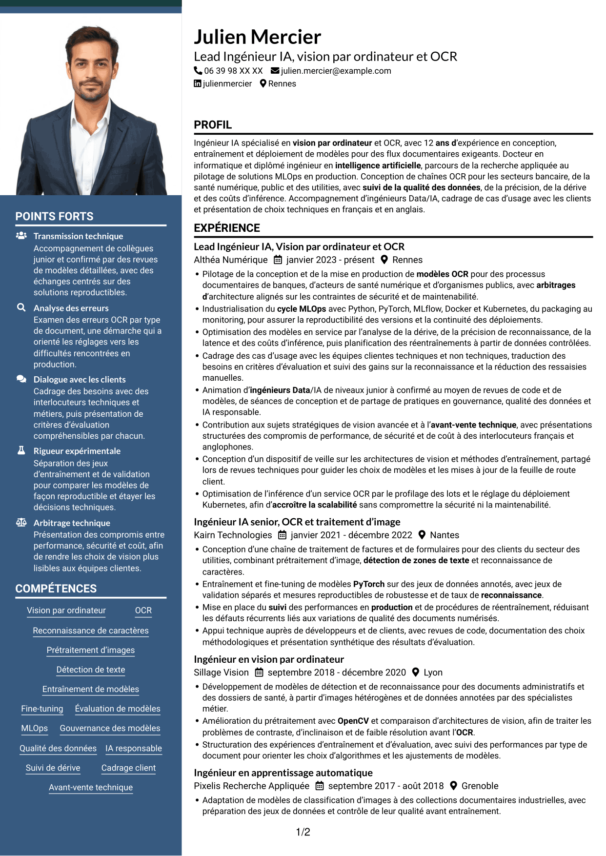 CV Signature (format à colonne latérale colorée avec grande photo) : Lead Ingénieur IA - Vision par ordinateur et OCR, page 1