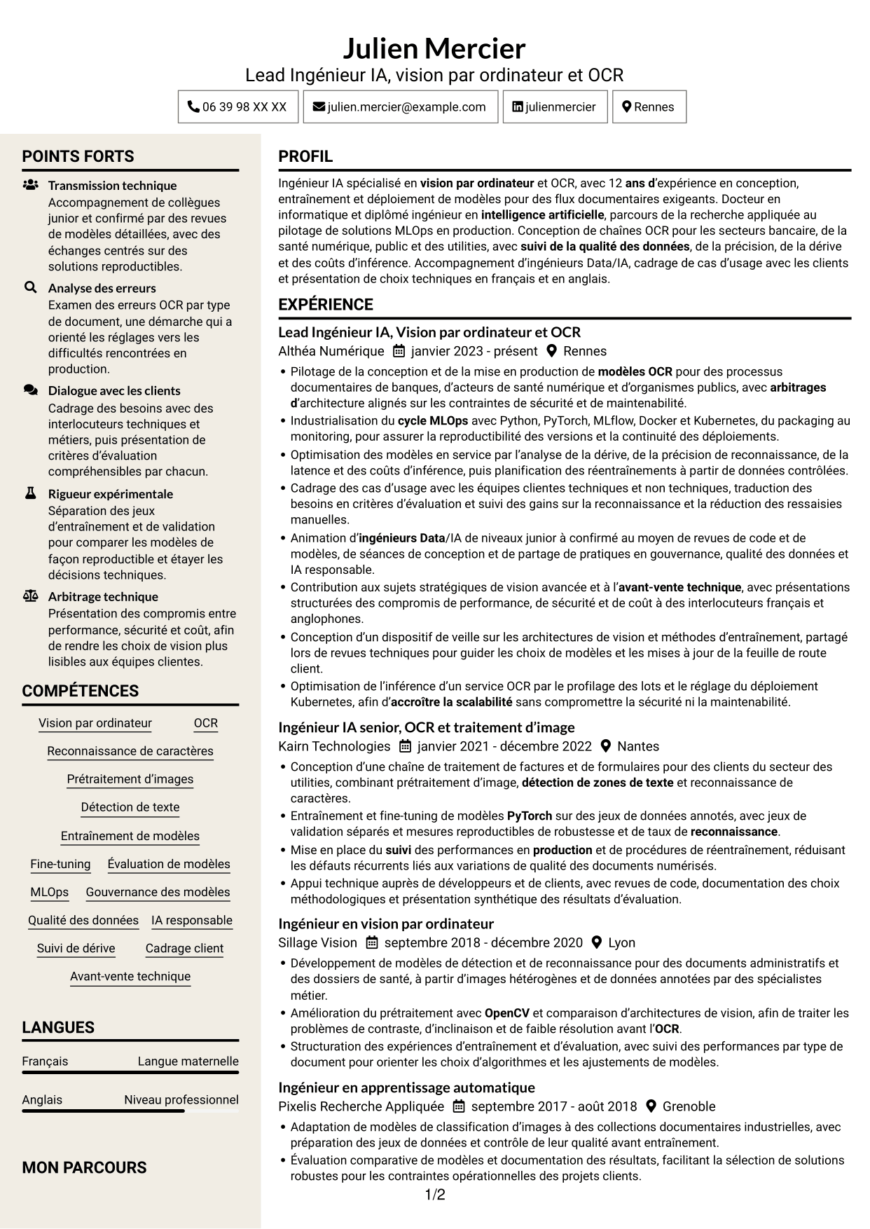 CV Fonceur (format à deux colonnes avec en-tête centré sans photo) : Lead Ingénieur IA - Vision par ordinateur et OCR, page 1