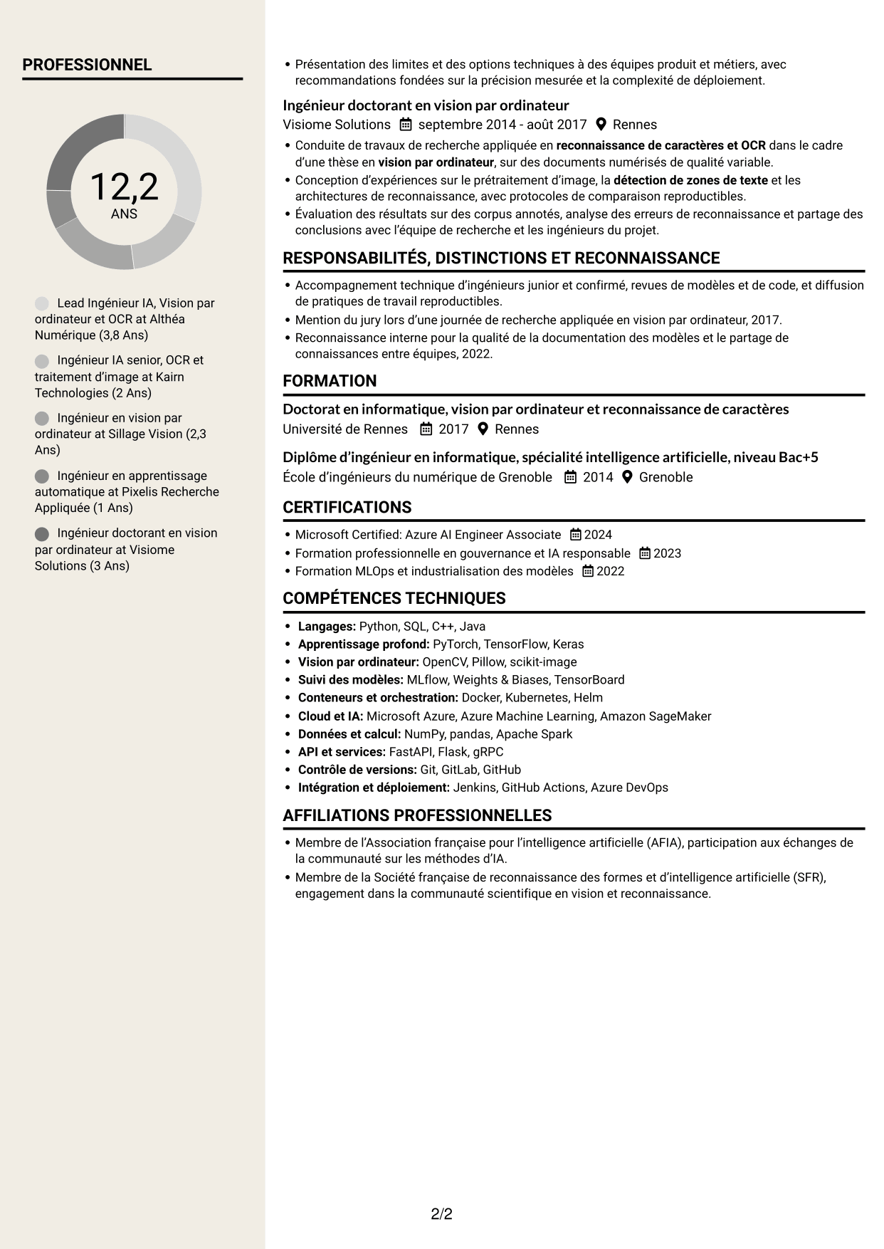 CV Fonceur (format à deux colonnes avec en-tête centré sans photo) : Lead Ingénieur IA - Vision par ordinateur et OCR, page 2