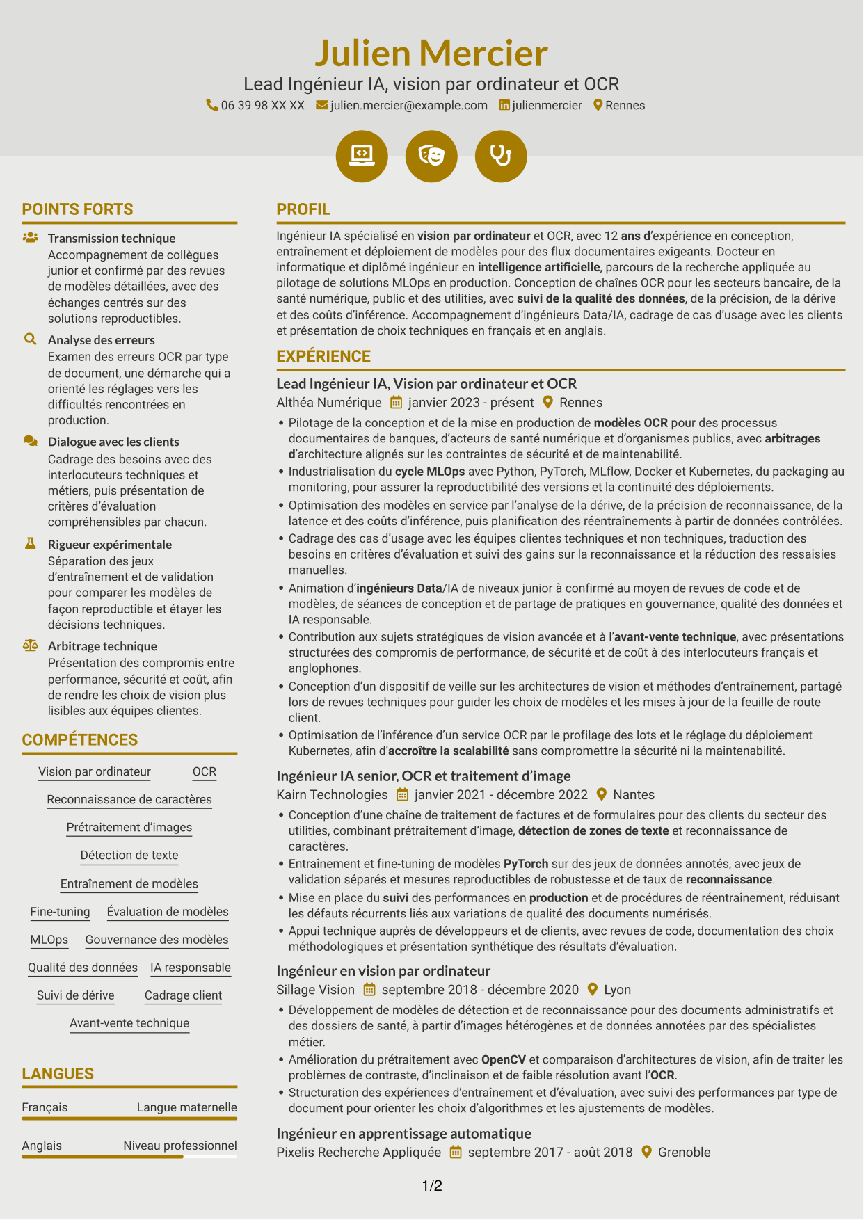 CV Dynamique (format à deux colonnes avec icônes) : Lead Ingénieur IA - Vision par ordinateur et OCR, page 1