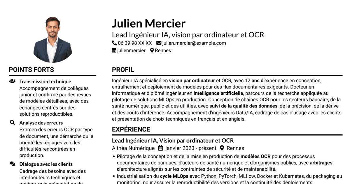 7 modèles de CV pour Lead Ingénieur IA - Vision par ordinateur et OCR, avec exemples