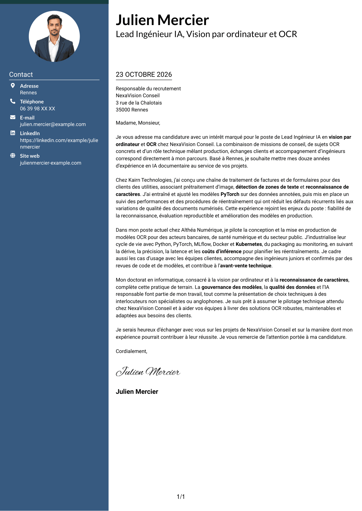 Lettre de motivation Élégant (format à colonne latérale colorée avec photo) : Lead Ingénieur IA - Vision par ordinateur et OCR, page 1