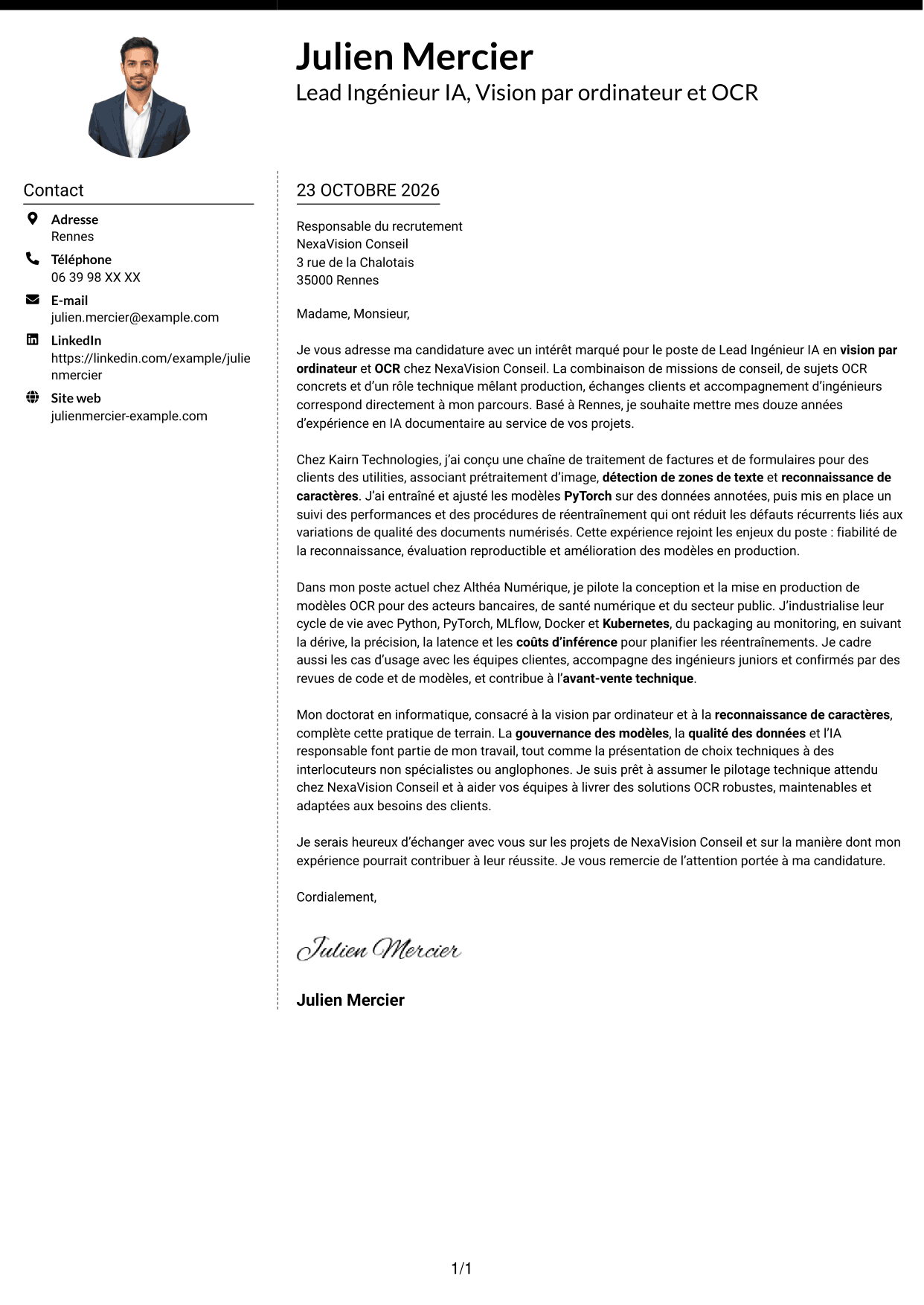 Lettre de motivation Moderne (format à deux colonnes avec photo à gauche et séparateur) : Lead Ingénieur IA - Vision par ordinateur et OCR, page 1