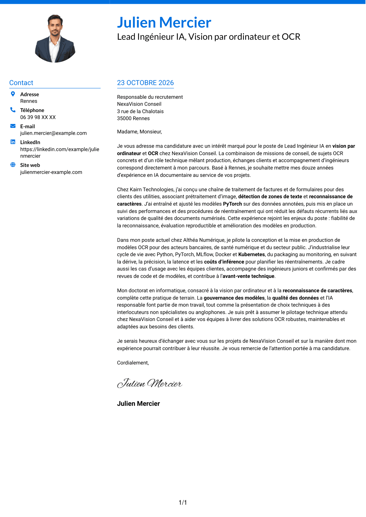 Lettre de motivation Audacieux (format à deux colonnes avec accents colorés et photo) : Lead Ingénieur IA - Vision par ordinateur et OCR, page 1