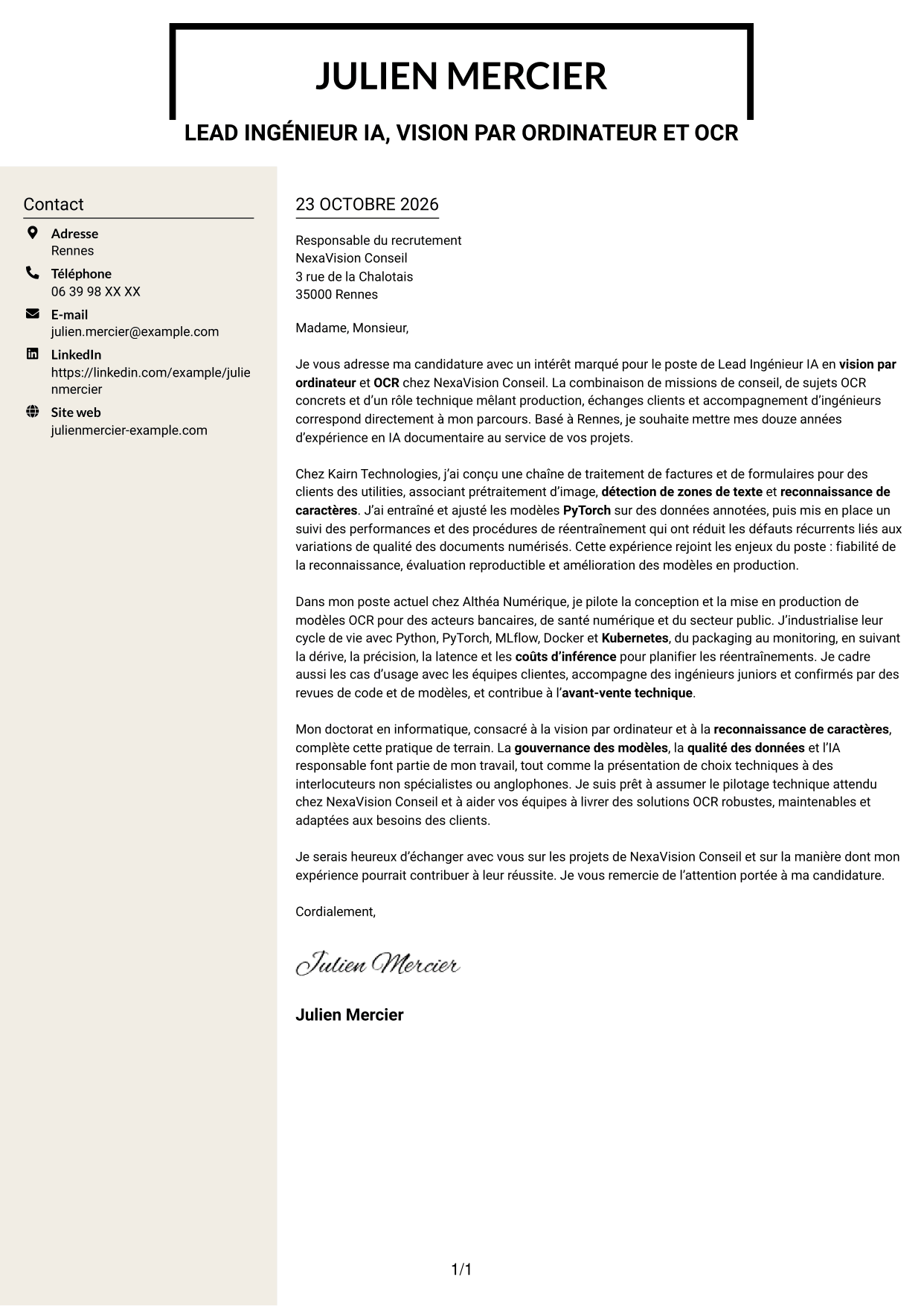 Lettre de motivation Fonceur (format à deux colonnes avec en-tête centré sans photo) : Lead Ingénieur IA - Vision par ordinateur et OCR, page 1